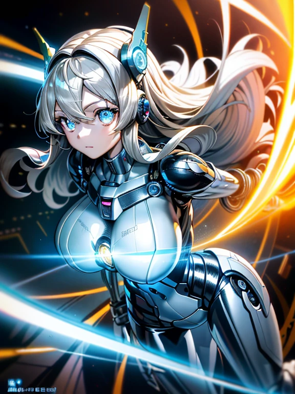 ((masutepiece)),(Best Quality),(Detailed),(1girl in),Shiny blonde false hair, Eyes glow blue, Wavy Hair, Silver Latex Bodysuit, android, Data Stream, cables, wires, Charging, Digital Chain, Large breasts, gazing at viewer , breast closeup,mecha musume,Mechanical parts
,Robot joints,Headgear