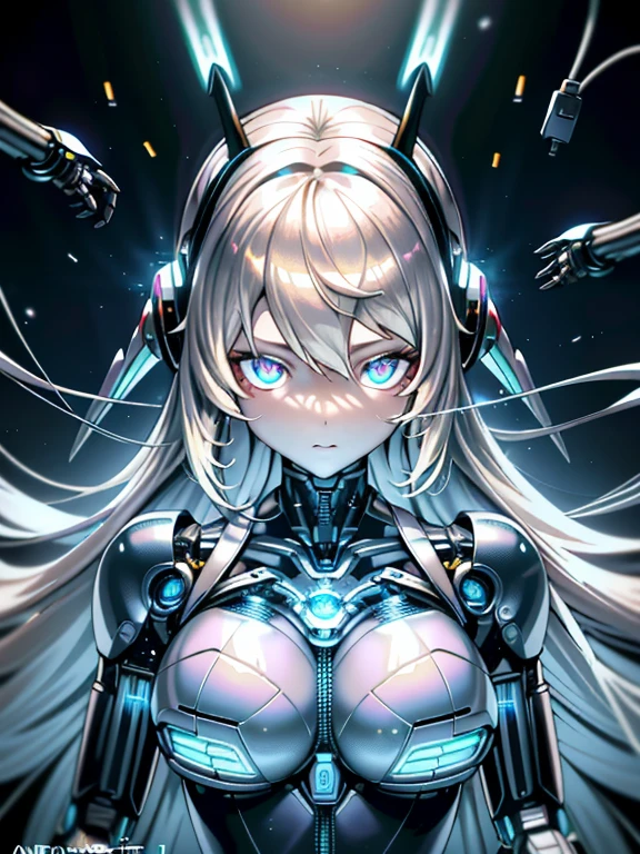 ((masutepiece)),(Best Quality),(Detailed),(1girl in),Shiny blonde false hair, Eyes glow blue, Wavy Hair, Silver Latex Bodysuit, android, Data Stream, cables, wires, Charging, Digital Chain, Large breasts, gazing at viewer , breast closeup,mecha musume,Mechanical parts
,Robot joints,Headgear