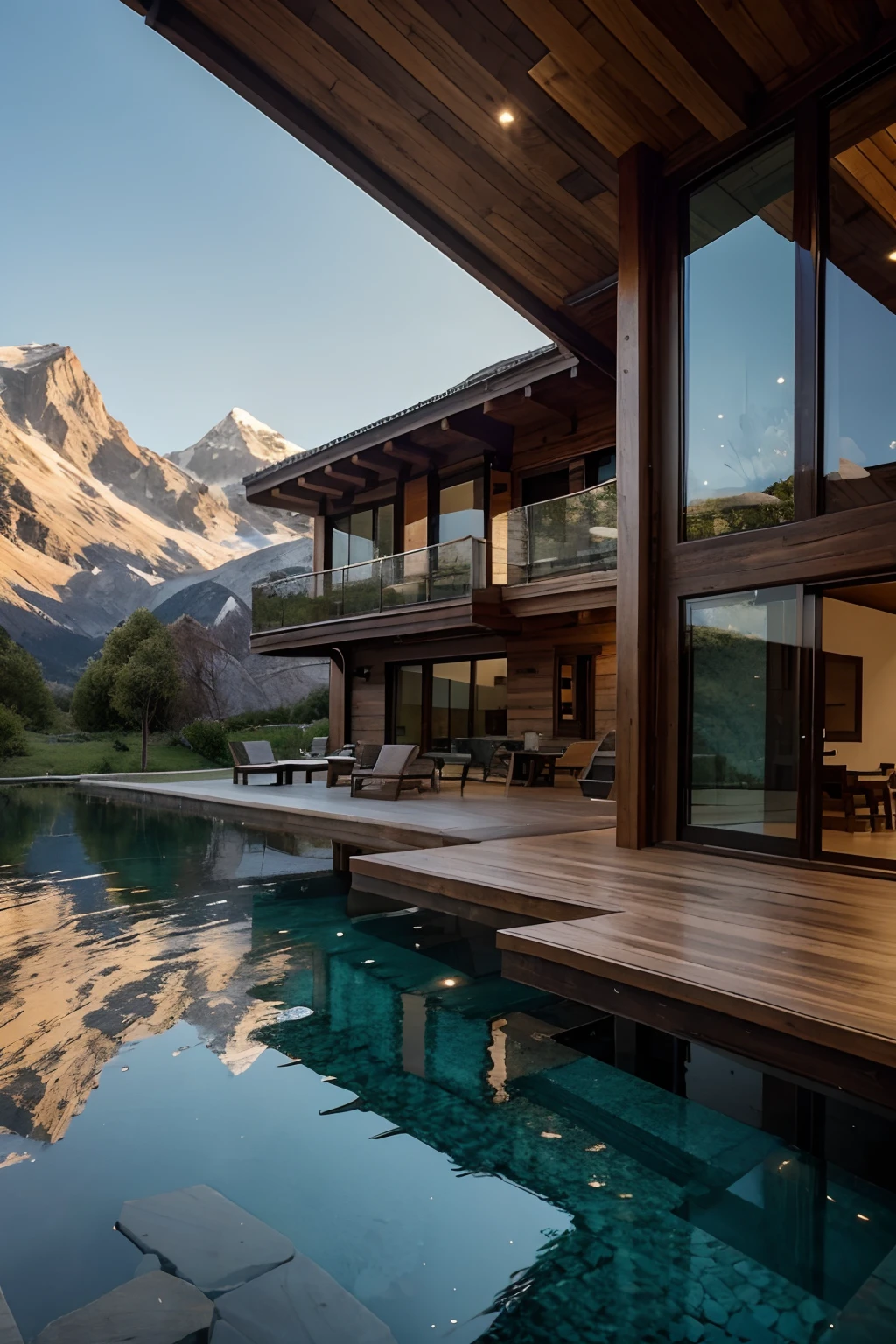 Beautiful house made of wood and glass, next to the mountain, with a stream, majestic and beautiful scenery
