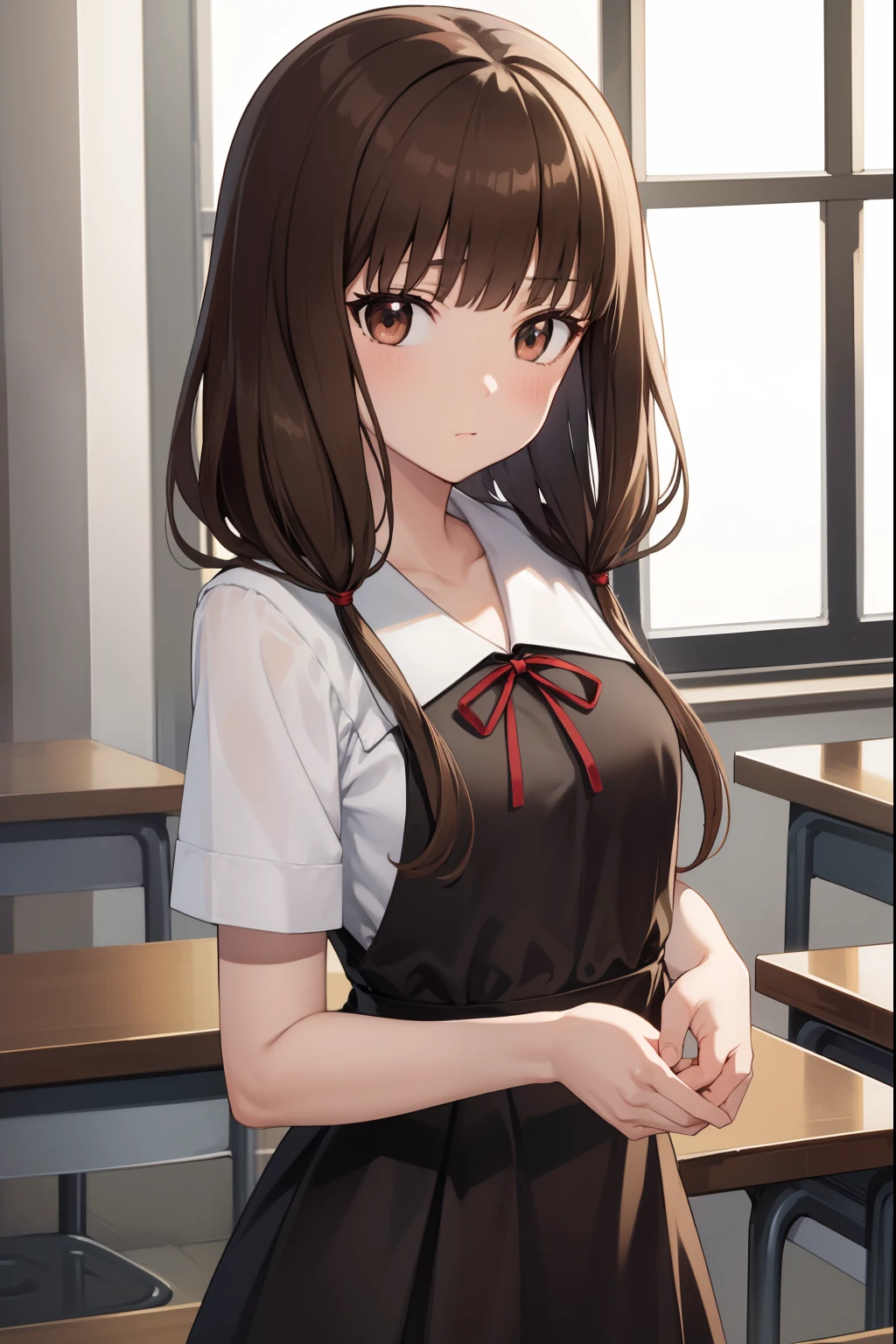 mikoiino, miko iino, blunt bangs, (brown eyes:1.5), brown hair, hair tie, long hair, low twintails, red ribbon, ribbon, twintails, (small breast:1.2),
BREAK black dress, dress, pinafore dress, school uniform, shirt, short sleeves, shuuchiin academy school uniform, white shirt, armband,
BREAK looking at viewer,
BREAK indoors, classroom,
BREAK (masterpiece:1.2), best quality, high resolution, unity 8k wallpaper, (illustration:0.8), (beautiful detailed eyes:1.6), extremely detailed face, perfect lighting, extremely detailed CG, (perfect hands, perfect anatomy),