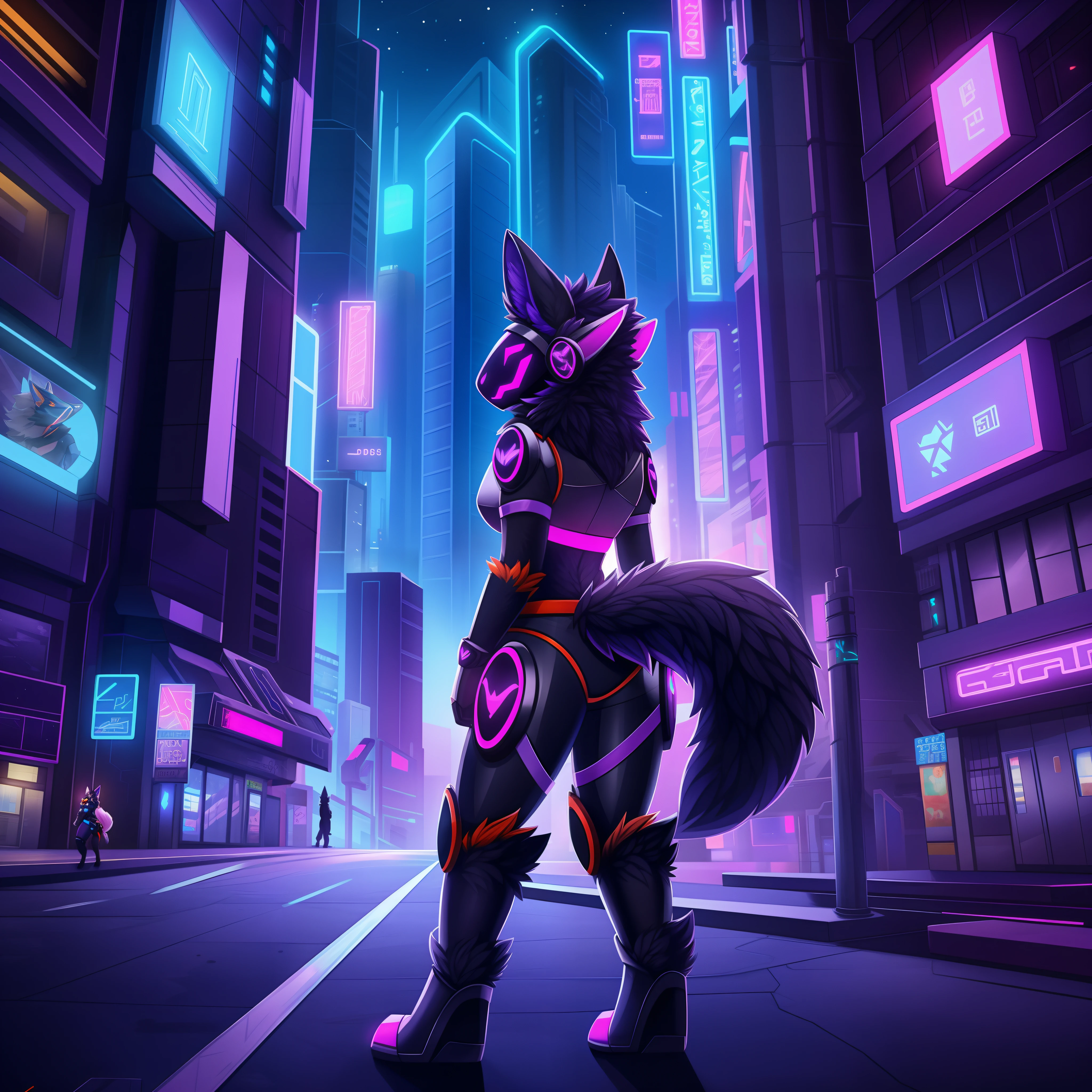 Protogen, furry art, masterpiece, great anatomy, black fur, neon purple details, detailed background, sci-fi, city, night, fluffy tail, female
