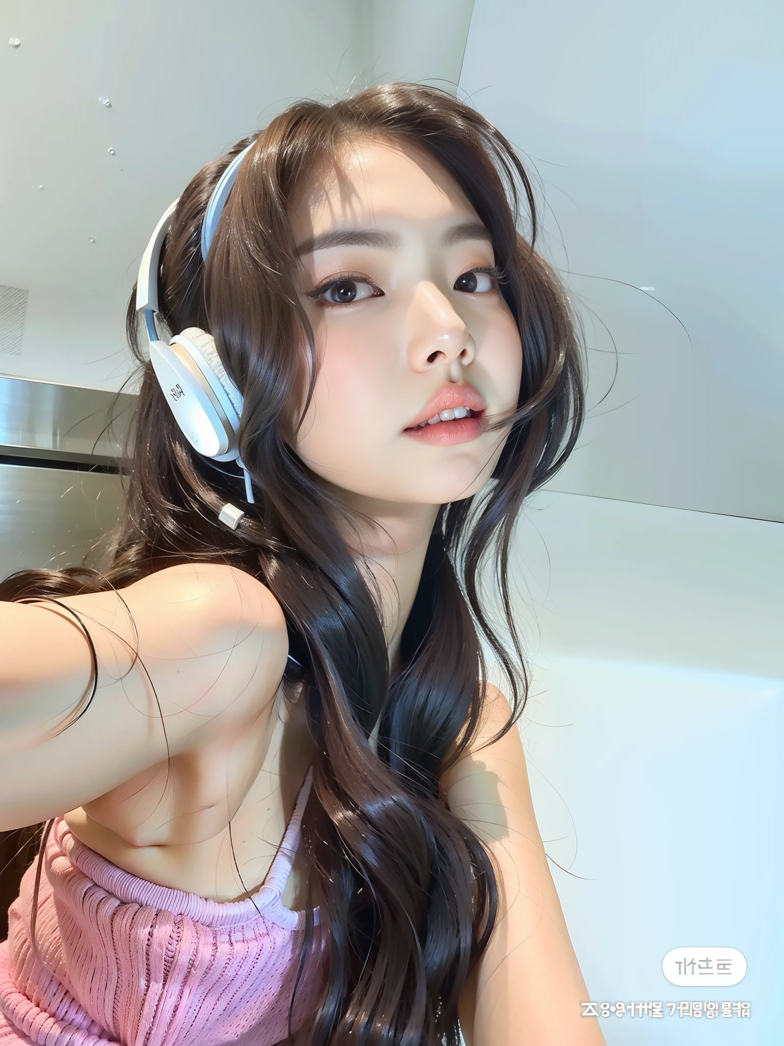 Woman with headphones on her head and a pink top, Fotografia selfie 8k, Ulzzang, linda Delphine, com cabelos longos, com fones de ouvido, com fones de ouvido, 🤤 retrato da menina, Jaeyeon Nam, menina lofi, jennie blackpink, Sakimichan, Heonhwa Choe, Asian girl with long hair, Xintong Chen