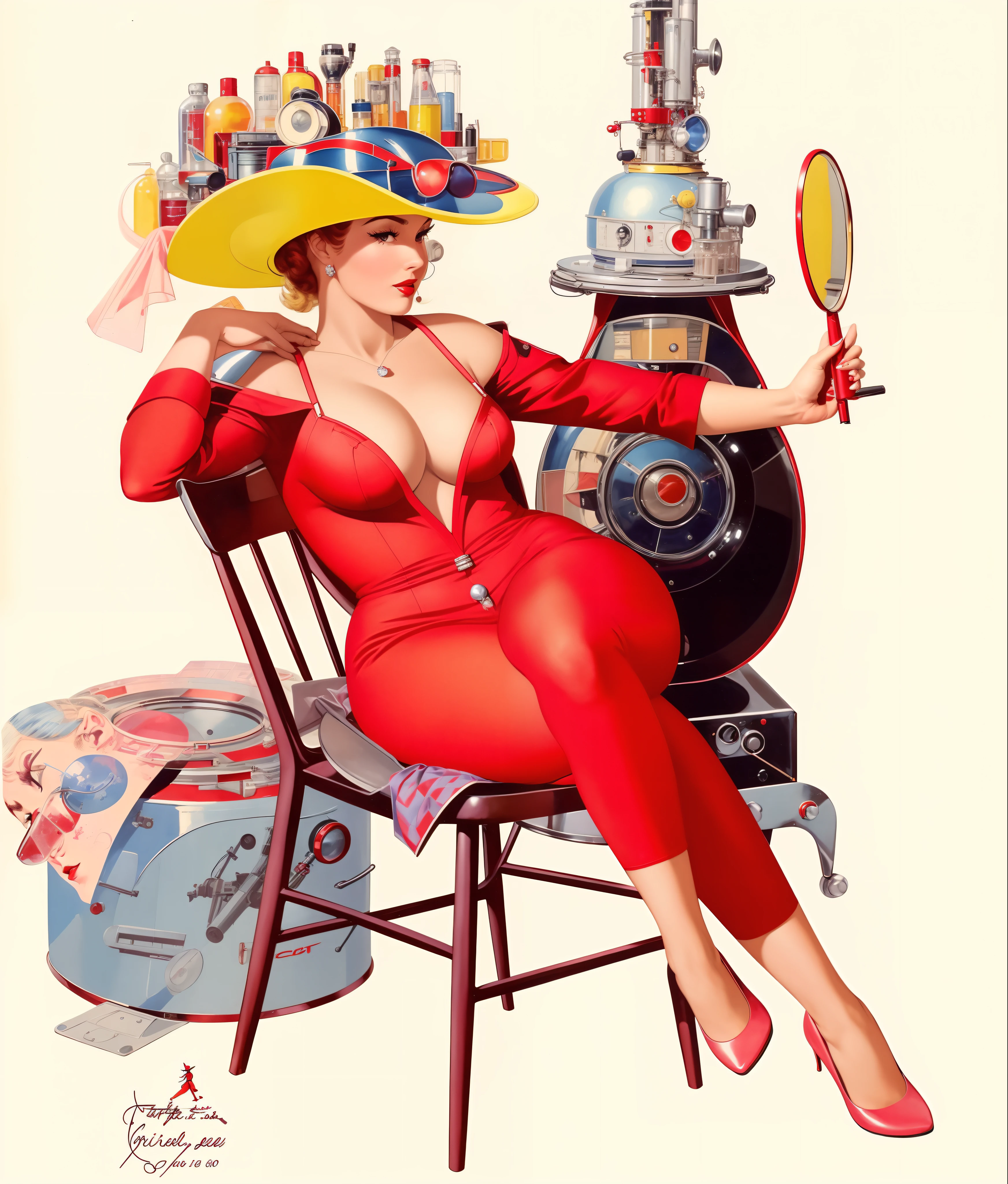 Arafed woman in red dress sitting on chair with mirror and hat, Arte Pinup, Gill Elvgren, Estilo Gil Elvgren, Pino Vintage, '60s sci-fi pinup, Por Gil Elvgren, Vintage magazine illustration,  pinup, 60s science fiction pinup style, Frank Franzetta, pin-up poster girl