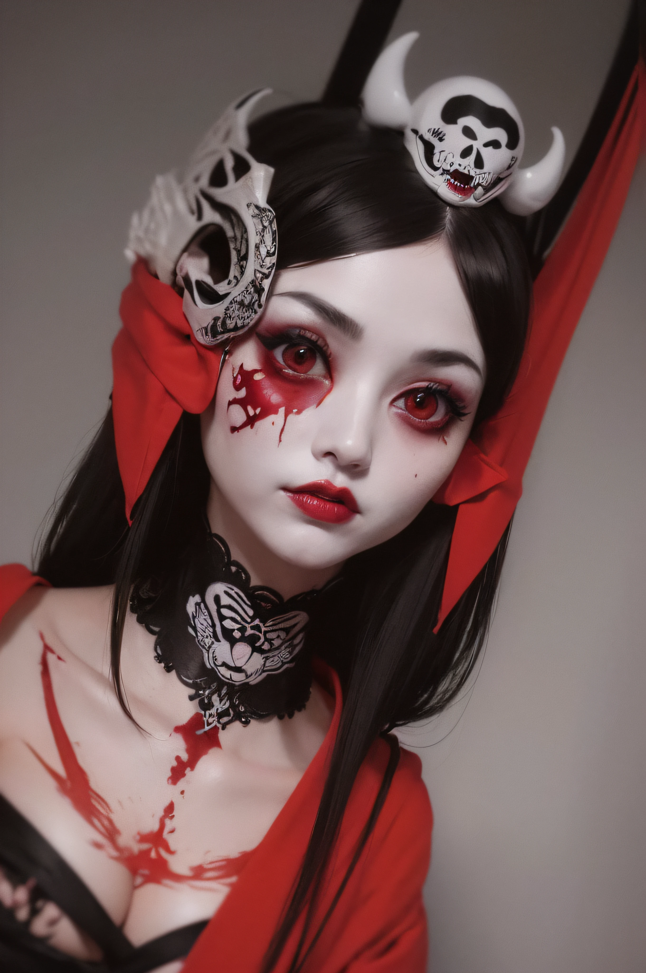 "(The best lighting, oscuro, dramatic),(feto calavera geisha escupiendo tinta roja, Cicatrices, sexy, cerebro, sangre, una rata dentro de la cabeza, terror.),(ojos rojos, calaveras). volumetric light.