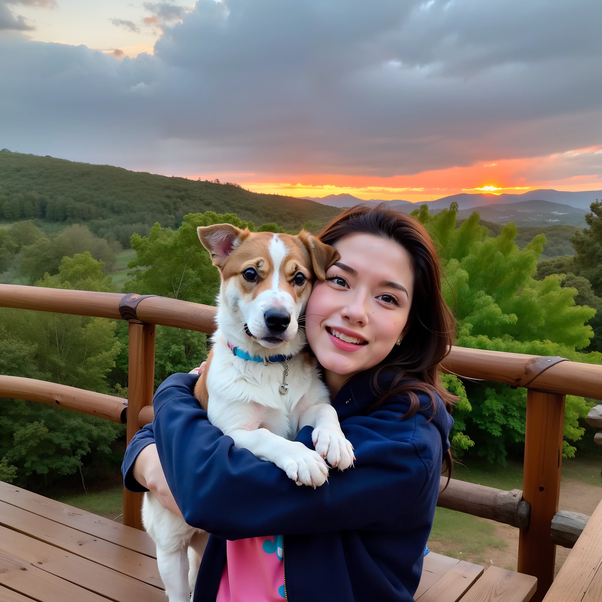 Woman holding a dog in her arms on a deck overlooking a mountain, at a beautiful sunset, in the sunset, with sunset, during a sunset, with a sunset, in the sunset, at sunset, Directed by: Nandor Soldier, Directed by: Juan O'Gorman, during sunset, Sunset!, Sunset and big clouds behind her, sunset in the background