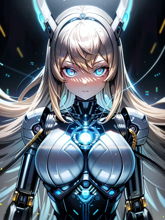 ((masutepiece)),(Best Quality),(Detailed),(1girl in),Shiny blonde false hair, Eyes glow blue, Wavy Hair, Silver Latex Bodysuit, android, Data Stream, cables, wires, Charging, Digital Chain, Large breasts, gazing at viewer , breast closeup,mecha musume,Mechanical parts
,Robot joints,Headgear