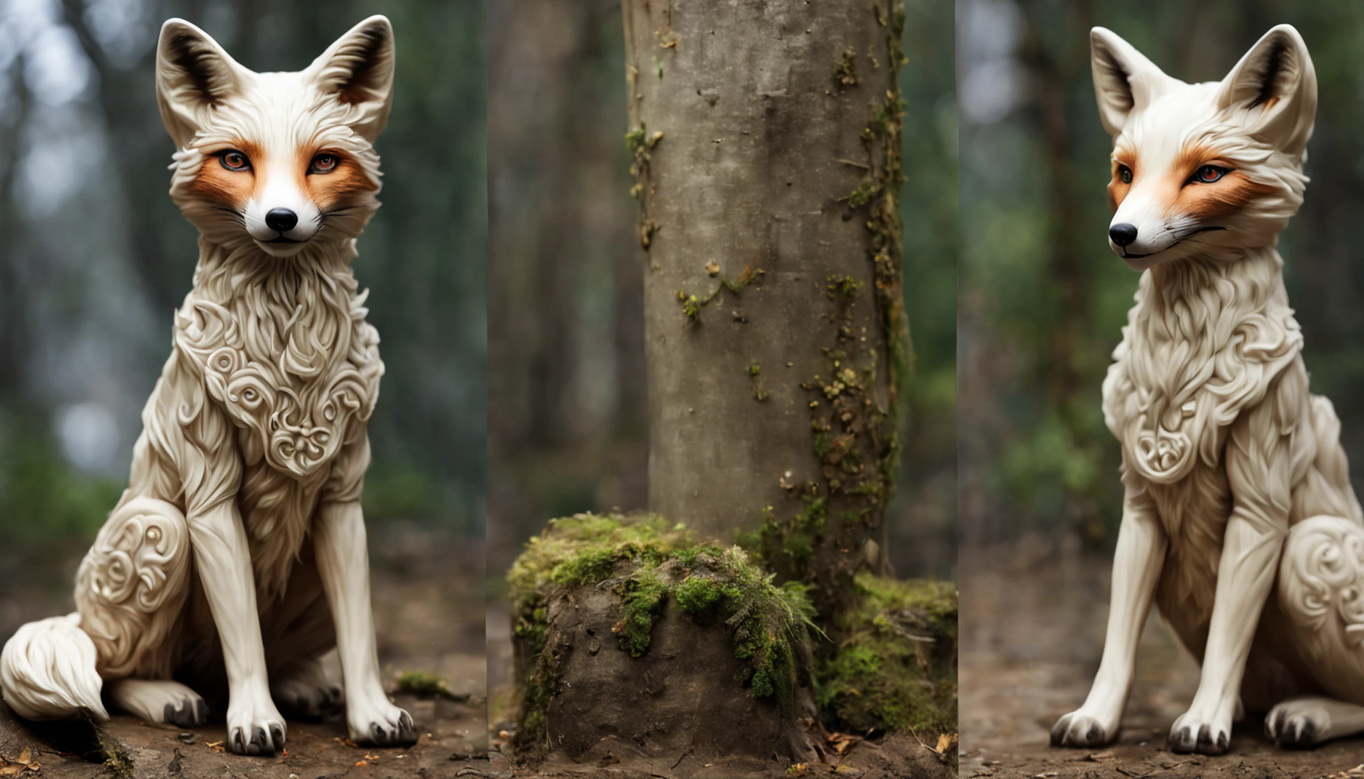 (((Solo Show))), Fox Head, anthropomorphic fox, roupas brancas e douradas, lotes de trajes decorados, (corpo inteiro) Tire fotos das mais belas obras de arte detalhadas, detalhes intrincados, High detail, ultra-realistic, armadura escondida, small proportions, antropomorfismo realista, (anthropomorphic art!!!, ((Sacerdote feminino humano Arctic Fox)), Floresta, muito, arte humana muito bonita, Realistic, 8k, sem cabelo humano, no repeat, sem cauda repetitiva, Sem clones, no big heads