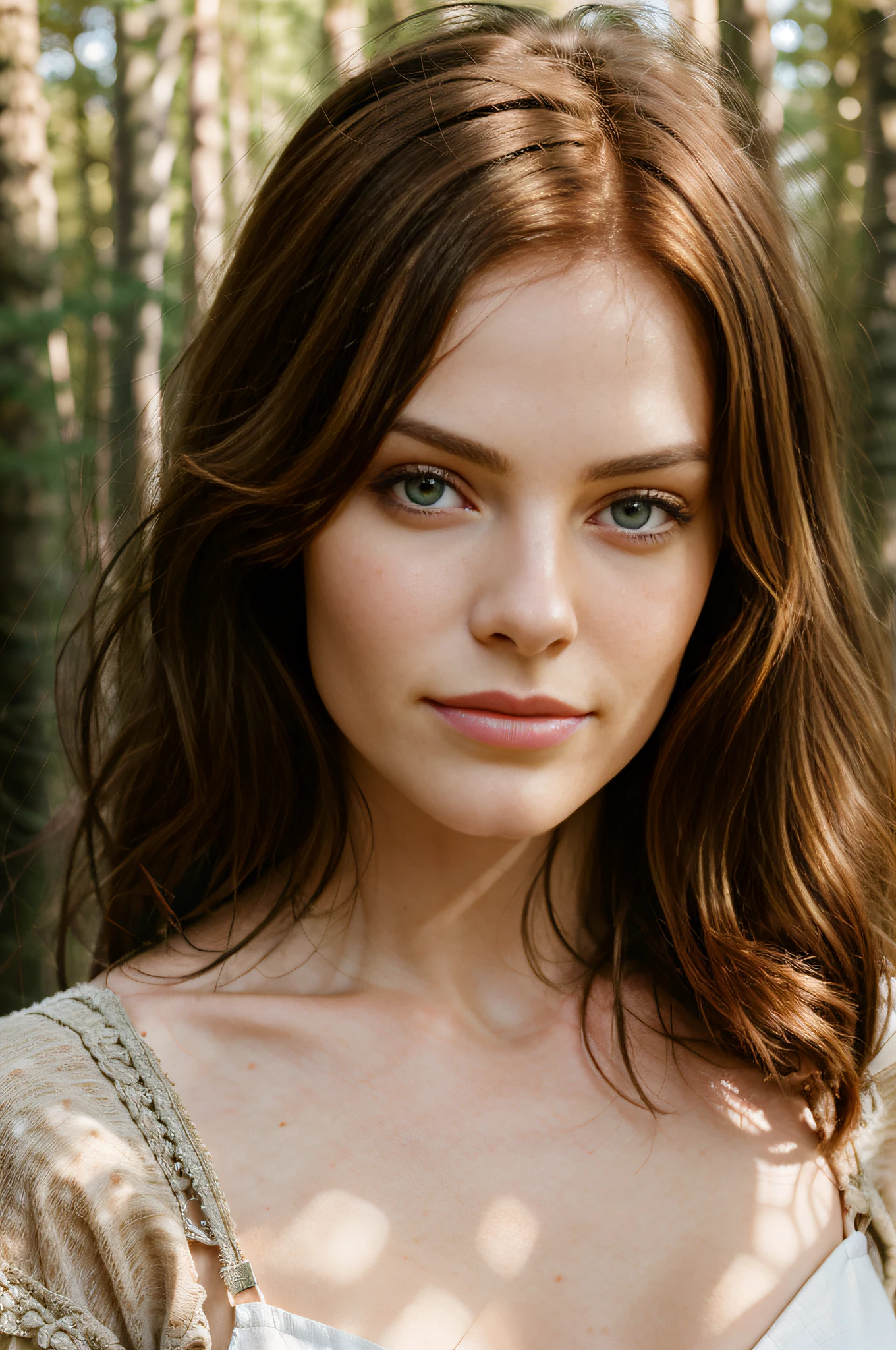 Portrait d'une rousse de 26 ans, cheveux roux, Chest close-up, Cream-colored linen unclipped bustier, les mains dans les cheveux, hyperdetailed, Hyperrealistic, pores, sexuality, seduction, regard amoureux, Slight smile, river, Roche, forest, soleil couchant, dynamic light, cinematic rendering, 32K, .RAW, photographed with a Nilon D850, Objectif 50mm, f/11
