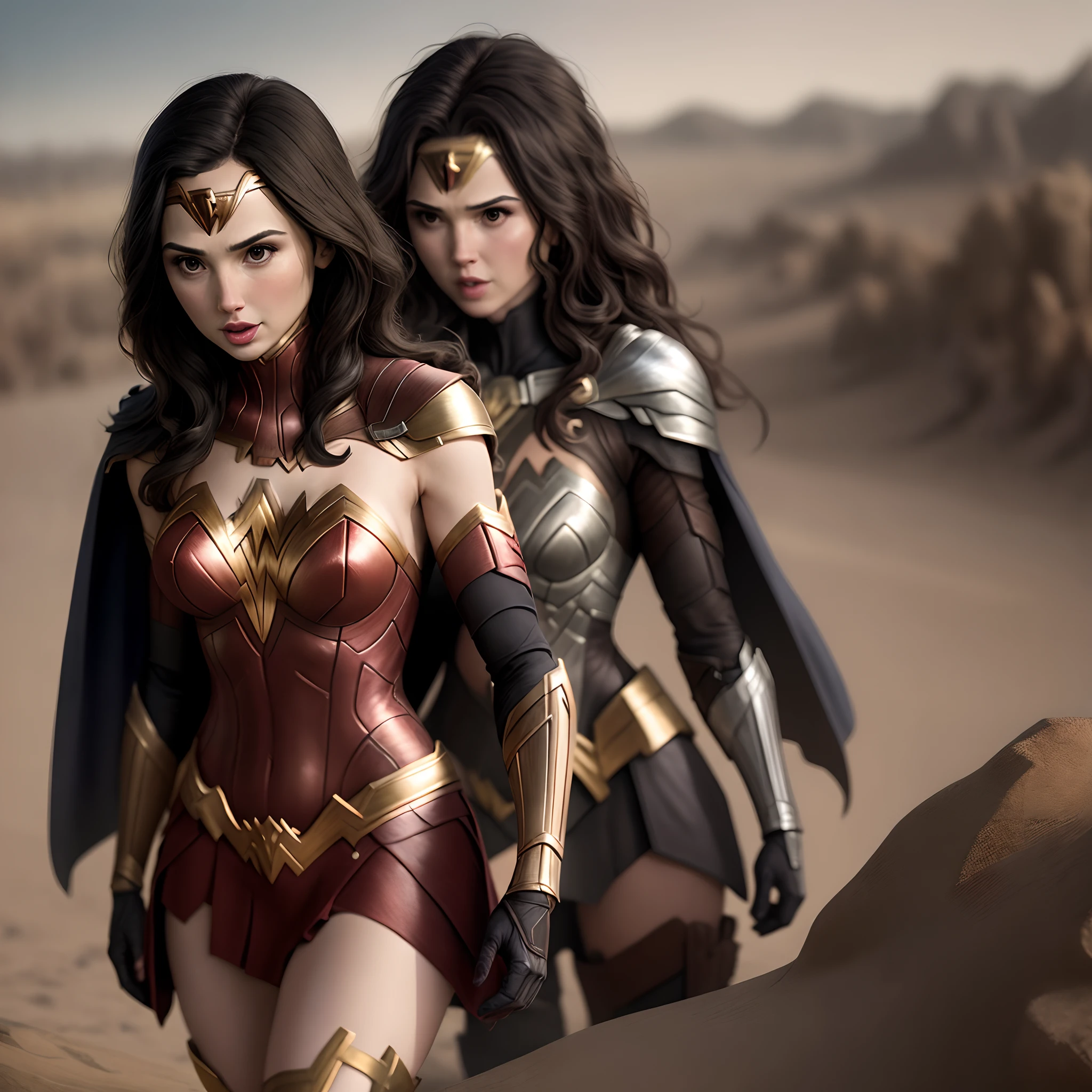 create gal gadot with long hair at hip height, full body photo of the world's most beautiful artwork with a beautiful woman dressed in an intricate outfit on the man on fire in the desert, iridecent, trend in ArtStation, CGSociety, Intricate, High Detail, Sharp focus, dramatic, photorealistic painting art by greg Rutkowski