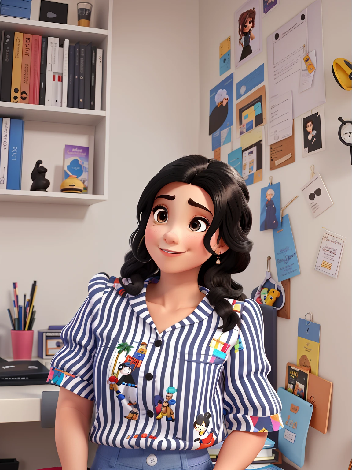 feliz igual filme da Disney home office, mulher designer grafico, cabelo preto encaracolado, olhos castanhos escuros , alta resolução