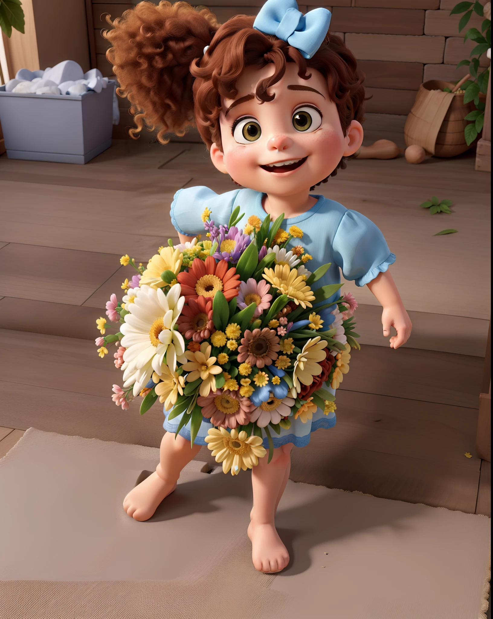 Obra-prima, de melhor qualidade, a 1 year and 5ths, loura,ando um buque de flores, Bow in the hair, pixer style, 3d, cara de feliz