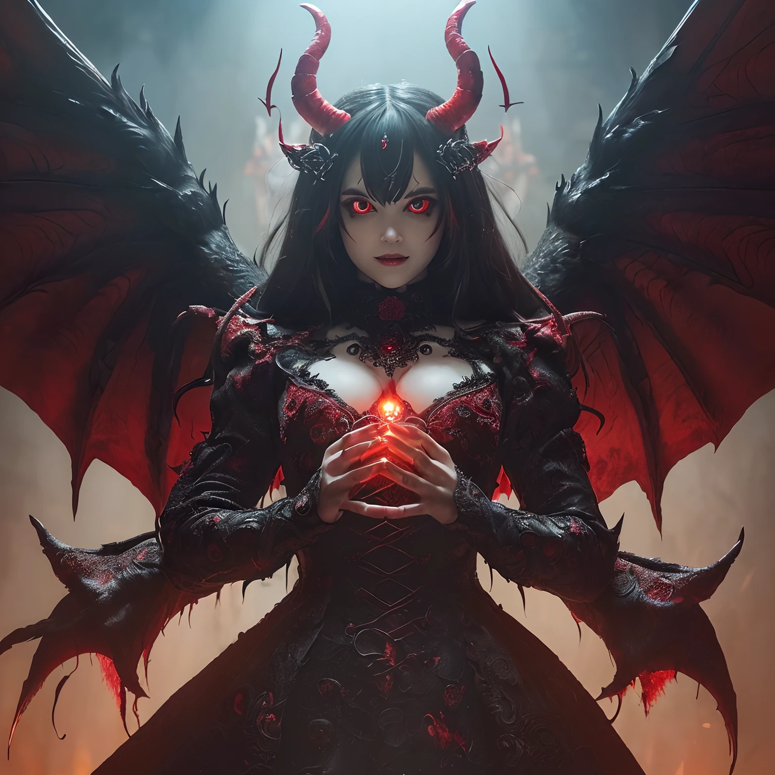 (((masutepiece、top-quality、The most intricate and detailed details)))、((((eyes glowing red,Glowing red eyes,Glowing red eyes)))),((A very terrifying demon queen,Final form as a complete demon,The Devil's Masterpiece,demon king,The most dignified demon,Intricate and solemn dresses,Complex and majestic demon statue,The most majestic form of the devil,The most complex depictions of demons,Precise reproduction of the perfect devil's details)),Pregnant,((Huge and intricate demon wings,Wings with a very elaborate texture,Wings with a very complex texture,Creature wings with a very realistic texture,Wings with the most exquisite texture、Perfectly reproduces the texture of creepy feathers、Very flaky and detailed wing texture、Wings of a terrifying monster,Terrible and ugly wings、The most terrifying wings、Wings with unimaginably complex textures、The most terrifying and creepy wings、Huge, Lumpy devil's horns、Corners of the most complex textures、Photorealistic Devil's Wings、Photorealistic Devil's Horns、The most terrifying devil's wings、Unimaginably terrifying wings、Big Devil's Horn,Realistic and big horns,Very complex and terrifying demon horns、Creepy horns,Horn with a very elaborate texture、Terrible and ugly horns、spectacular movie lighting、A slender、Emphasis on chest bulge、bulky, Intricate wings, the most beautiful face,The most luxurious and intricate dresses,The biggest smile staring at the camera,Chest that seems to burst,Giant wings of the devil,Abundant blood on the face,,The background is the perfect Devil's Castle look,masutepiece,8K,very intricate,ultra-detailliert