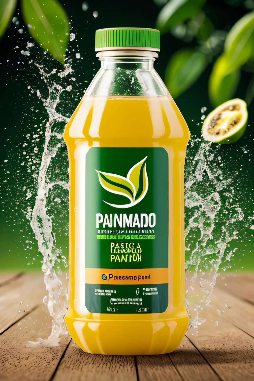 a plastic bottle of passion fruit juice. Splash Effect From Behind. Plano fechado, foto de biusto em perspectiva. Elementos de natureza como folhas fluando e fundo desfocado. alta resolução, melhor qualidade
