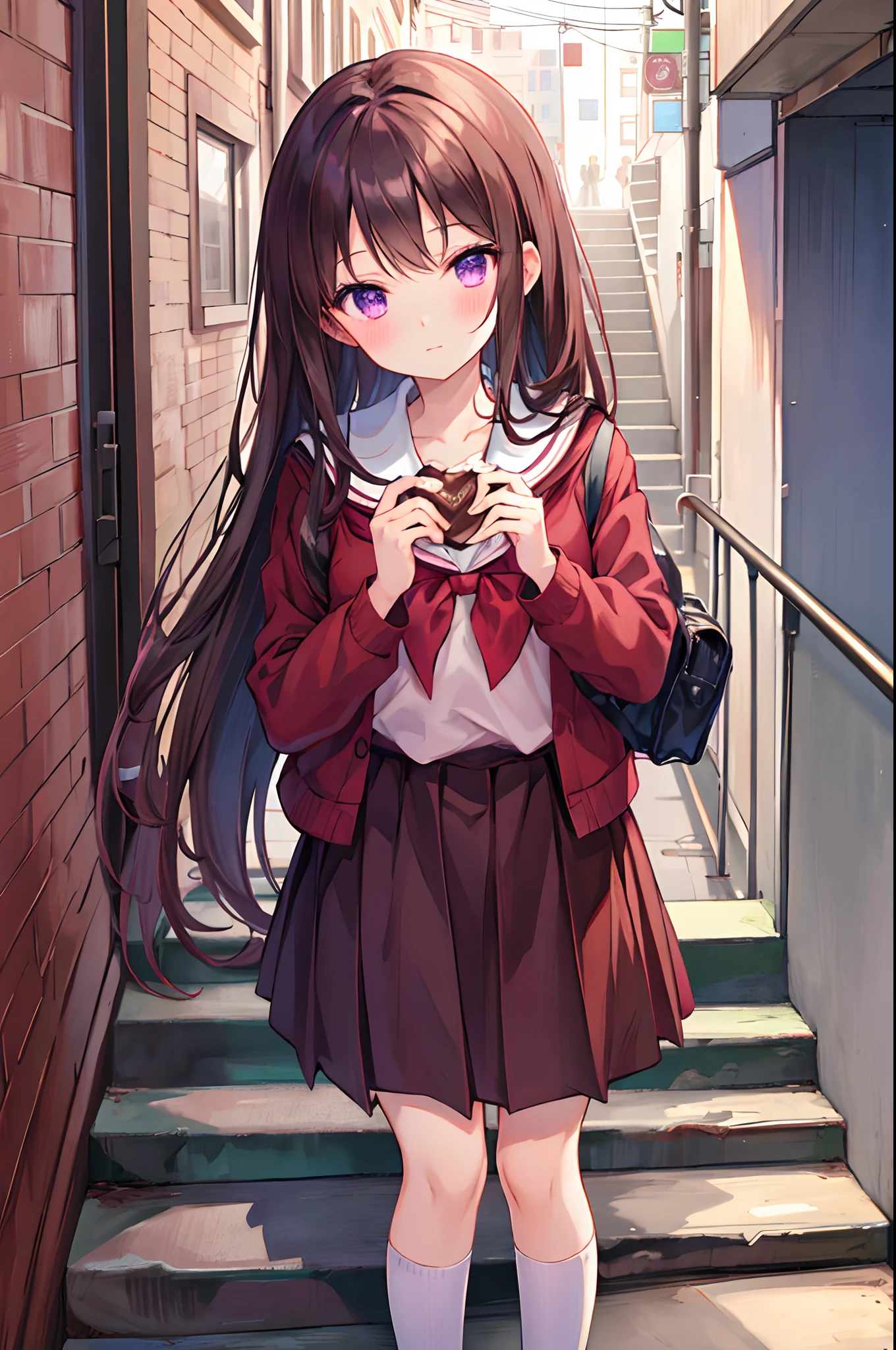 Chocolate in the heart、Chocolate and Barka、Purple eyes、dark brown hair、red blush、Valentine、School uniform、stairway、evening、school background、Inside the school。