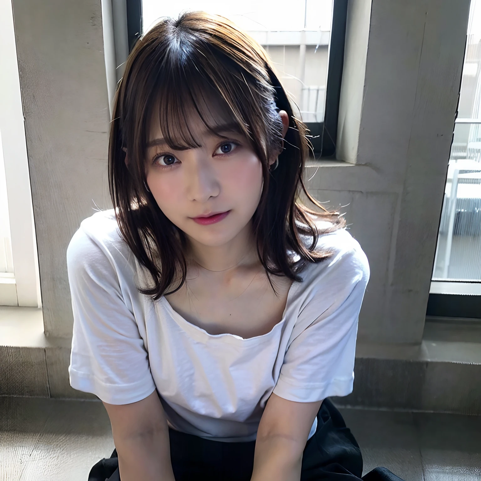 (leaning-forward:1.3)、(oversize tshirt、Loose-fitting T-shirt、Low Cut T-Shirt:1.5)、Erotic, hair wavy, Black pleats skirt, black shoes, Very pretty girl、a beauty girl、crouching down、Bright smile、outside of house、shinny skin、blurry backround、short-cut:1.10, Upper body close-up、Shot from above
