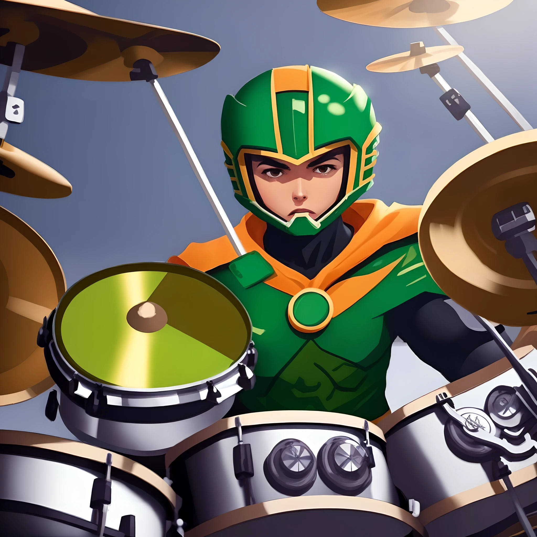 Green ranger playing drums