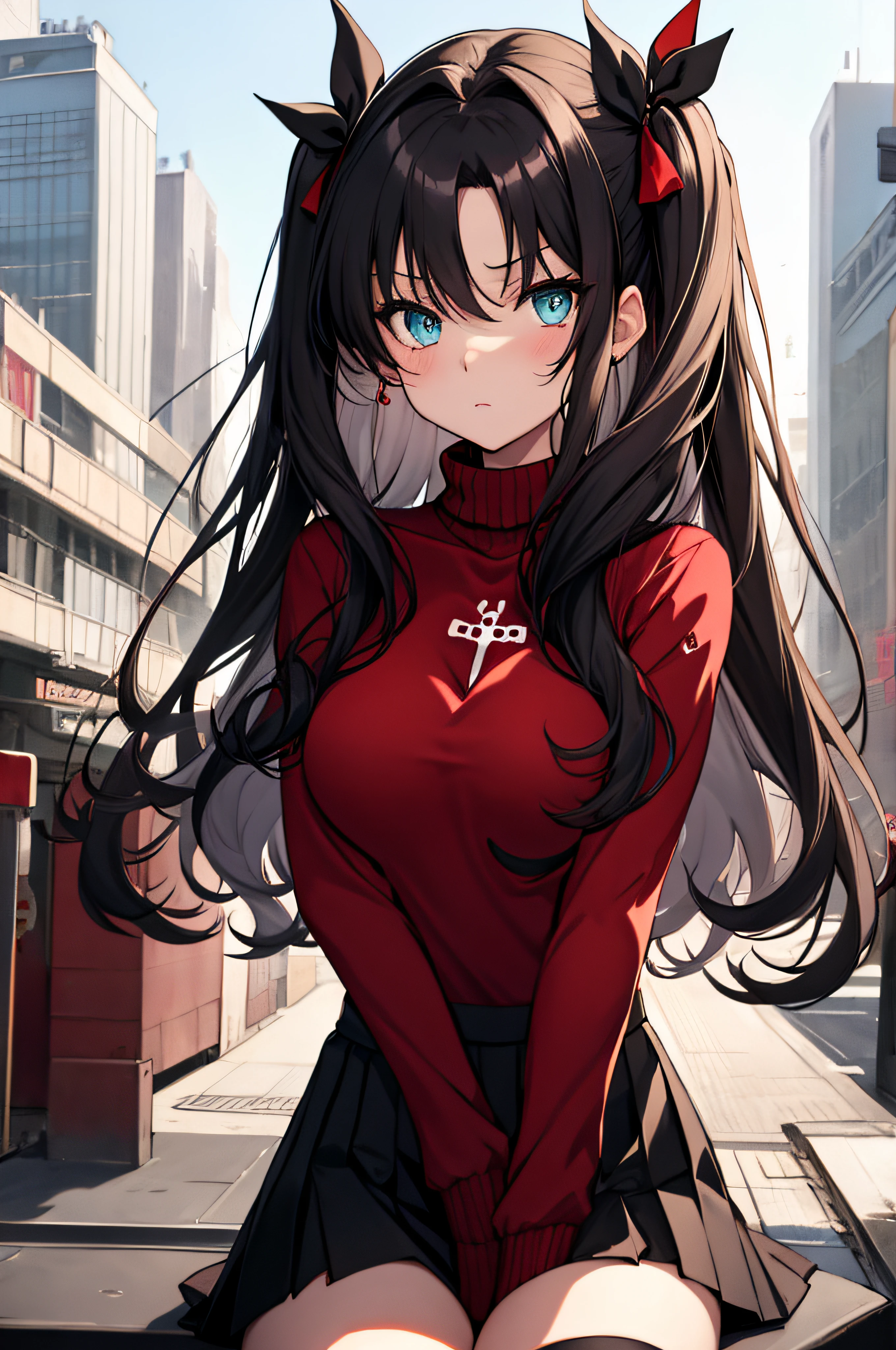 (masterpiece), best quality, expressive eyes, perfect face, 1girl, solo, rintohsaka, rin tohsaka, aqua eyes, black hair, hair ribbon, long hair, ribbon, sidelocks, two side up, black skirt, black thighhighs, long sleeves, miniskirt, pleated skirt, ((red sweater)), skirt, sweater, thighhighs, turtleneck, city background, sitting, character sheet, upper body, portrait, looking at viewer