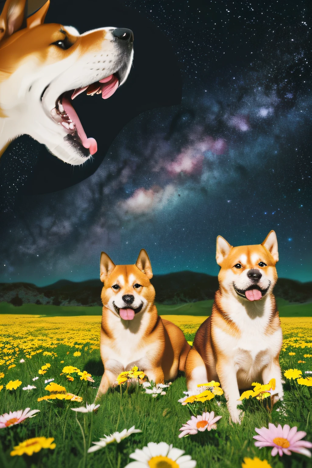 Illustration　(best quality,4k,8k,highres,masterpiece:1.2),ultra-detailed,(realistic,photorealistic,photo-realistic:1.37),shiba inu close-up,detailed eyes and face,multiple shiba inus,dogs enjoying,coin and banknotes raining from the sky,cosmic background,galaxy,psychedelic,dog-friendly flower field