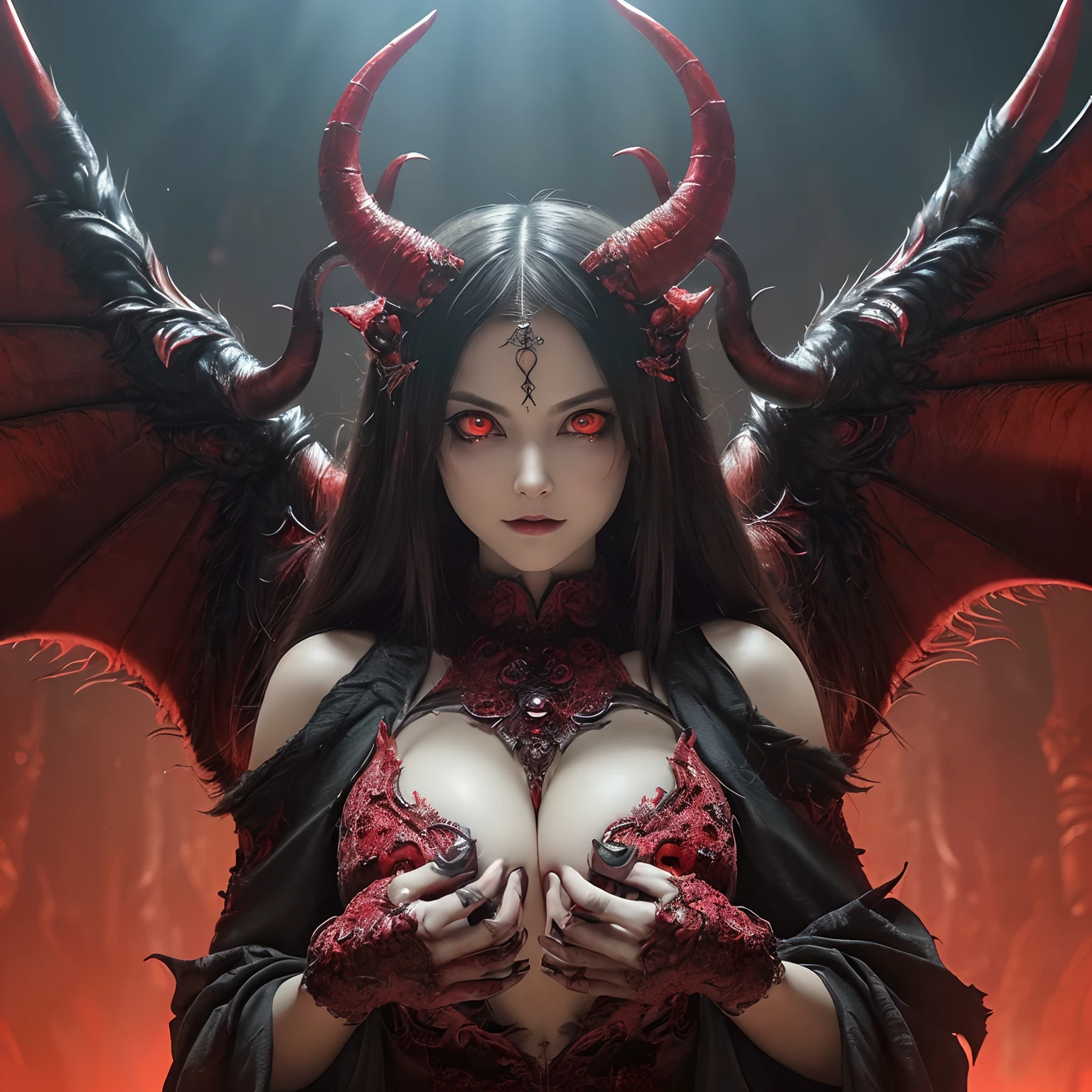 (((masutepiece、top-quality、The most intricate and detailed details)))、((((eyes glowing red,Glowing red eyes,Glowing red eyes)))),((A very terrifying demon queen,Final form as a complete demon,The Devil's Masterpiece,demon king,The most dignified demon,Intricate and solemn dresses,Complex and majestic demon statue,The most majestic form of the devil,The most complex depictions of demons,Precise reproduction of the perfect devil's details)),Pregnant,((Huge and intricate demon wings,Wings with a very elaborate texture,Wings with a very complex texture,Creature wings with a very realistic texture,Wings with the most exquisite texture、Perfectly reproduces the texture of creepy feathers、Very flaky and detailed wing texture、Wings of a terrifying monster,Terrible and ugly wings、The most terrifying wings、Wings with unimaginably complex textures、The most terrifying and creepy wings、Huge, Lumpy devil's horns、Corners of the most complex textures、Photorealistic Devil's Wings、Photorealistic Devil's Horns、The most terrifying devil's wings、Unimaginably terrifying wings、Big Devil's Horn,Realistic and big horns,Very complex and terrifying demon horns、Creepy horns,Horn with a very elaborate texture、Terrible and ugly horns、spectacular movie lighting、A slender、Emphasis on chest bulge、bulky, Intricate wings, the most beautiful face,The most luxurious and intricate dresses,The biggest smile staring at the camera,Chest that seems to burst,Giant wings of the devil,Abundant blood on the face,,The background is the perfect Devil's Castle look,masutepiece,8K,very intricate,ultra-detailliert