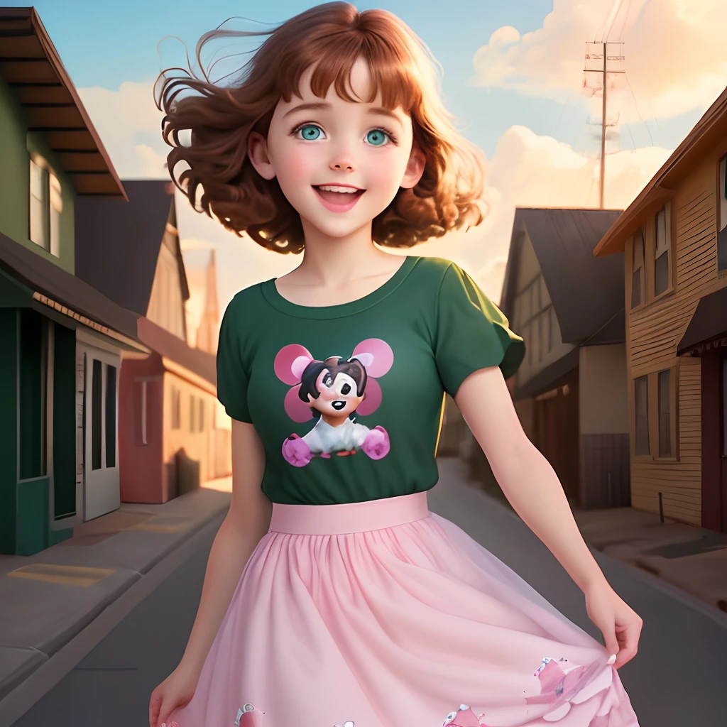 create Disney Pixar inspired movie posters. the main focus is a sweet 8  girl with brown colored hair and big green eyes with a bright smile and wearing a very girly outfit. the scene should be in the distance digital art style of Pixar. include the movie on the posters printed on the front. the title is “Quinn”