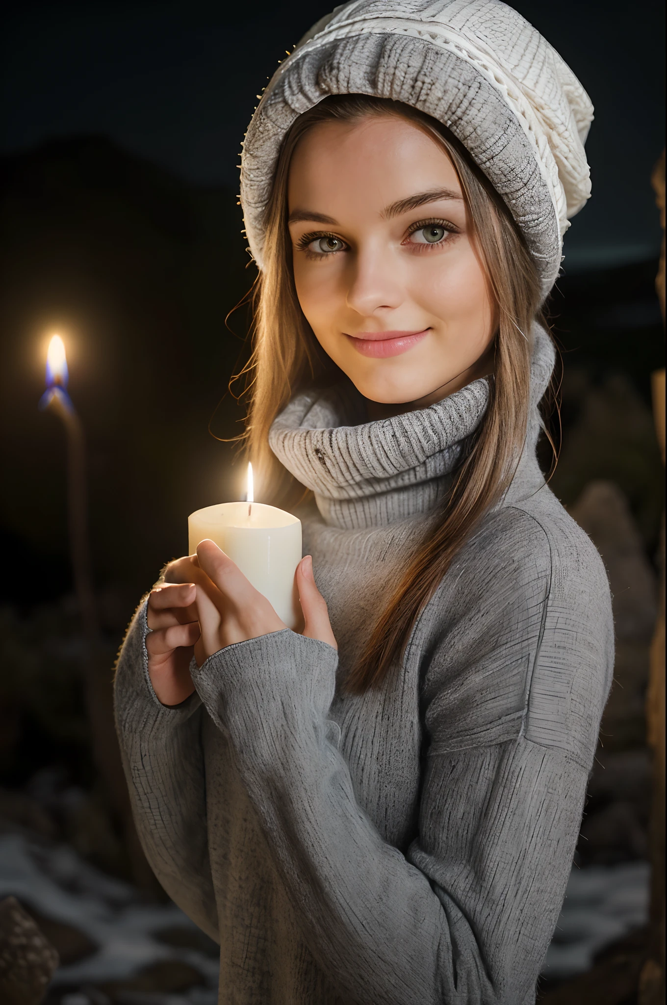 (((Switz, Iceland night time long exposure))), 1 gorgeous woman, 23 ans, subtle smile, flirts with the camera, shes a model, sensual pose, (European girl:1.2), (random hair:1.3), (Realistic hair:1.2), (realistic eyes:1.2), (Beauty face:1.3), SFW, (((grey bonnet on head))), (((large wool turtleneck loose white pullover))),(((black wool leggings))),(((heavy hiking fit boots))), perfect body, perfect hands, perfect breast, Kodak gold 200, medium shot, Best quality, ultra highres, (photoreallistic:1.4), 8k, (((extrreme low light conditions))), ((((night time)))), ((((face lit by a distant candle))))