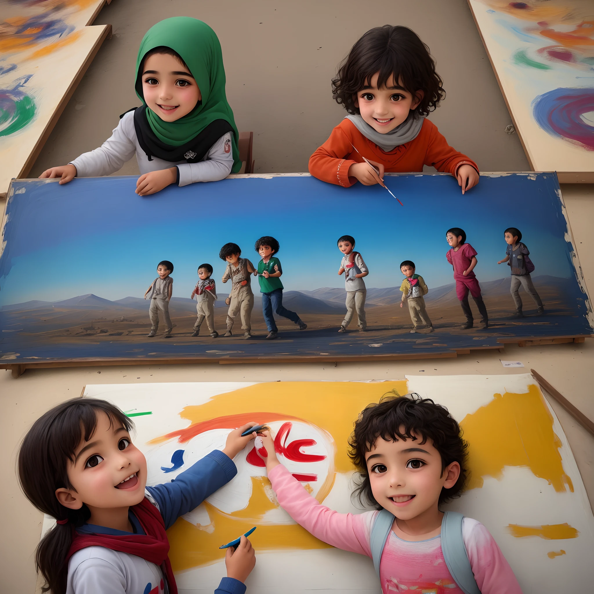 Images of Palestinian children drawing large paintings about peace with bright smiles on their faces.
