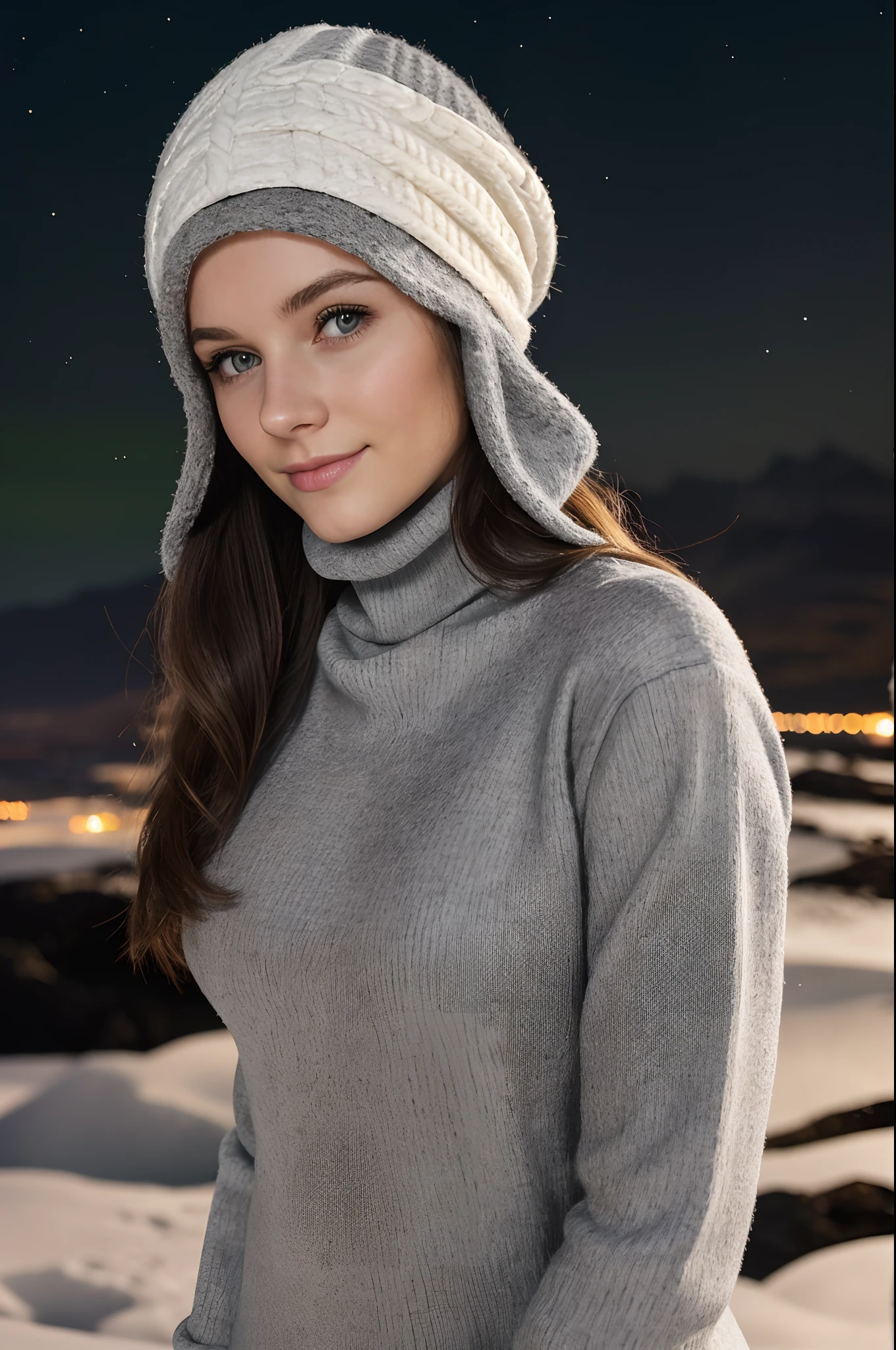 (((Switz, Iceland night time long exposure))), 1 gorgeous woman, 23 ans, subtle smile, flirts with the camera, shes a model, sensual pose, (European girl:1.2), (random hair:1.3), (Realistic hair:1.2), (realistic eyes:1.2), (Beauty face:1.3), SFW, (((grey bonnet on head))), (((large wool turtleneck loose white pullover))),(((black wool leggings))),(((heavy hiking fit boots))), perfect body, perfect hands, perfect breast, Kodak gold 200, medium shot, Best quality, ultra highres, (photoreallistic:1.4), 8k, (((extrreme low light conditions)))