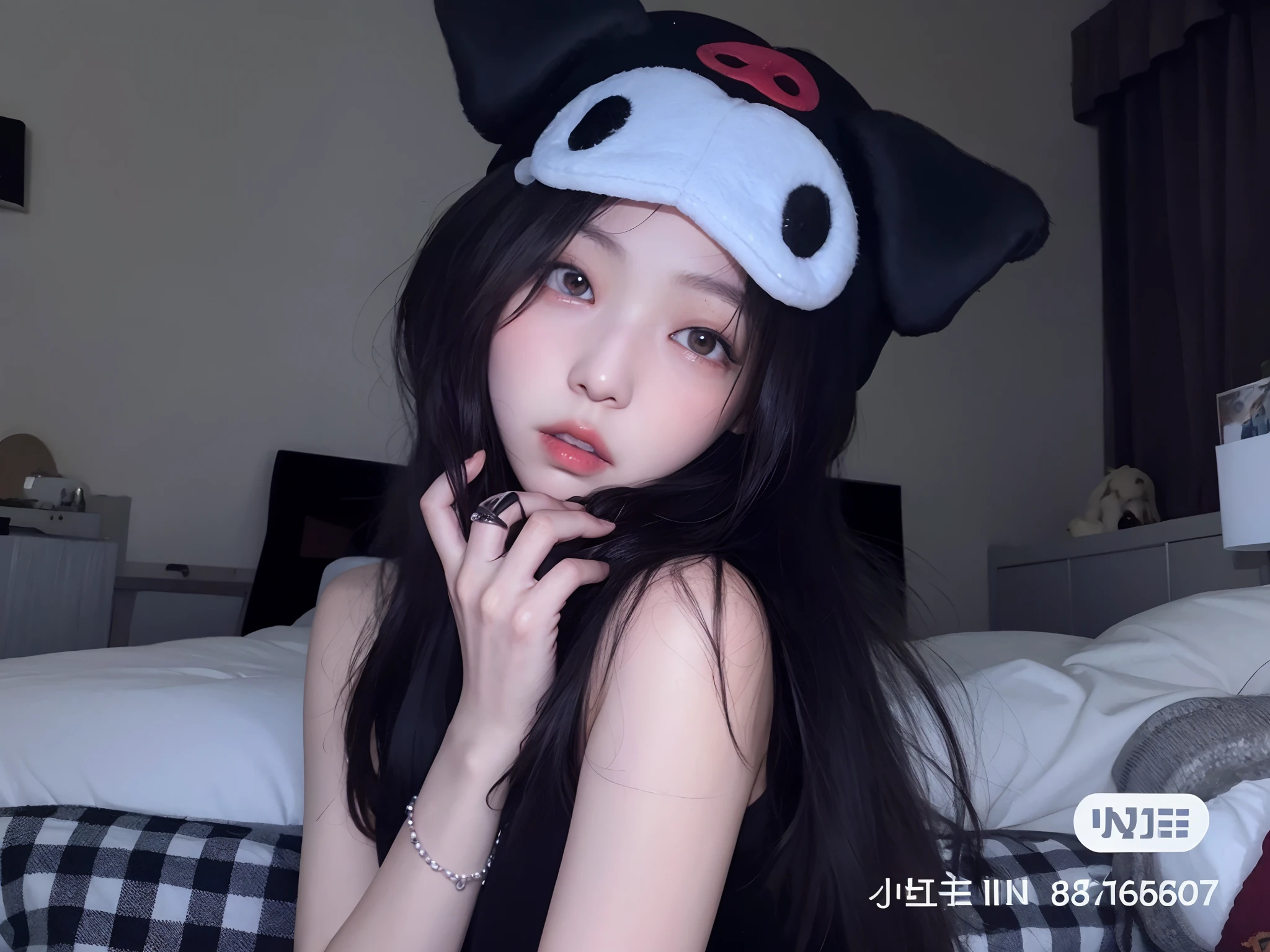 Araffe wearing a cat hat sitting on a bed, Ruan Vtuber Fofo, Ulzzang, muito bonita gatinha fofa, trending at cgstation, wan adorable korean face, with long floppy rabbit ears, e 2K Cutecore Clowncore, Trend in CGTacing:, 19-year-old girl, Anime Garota Cosplay