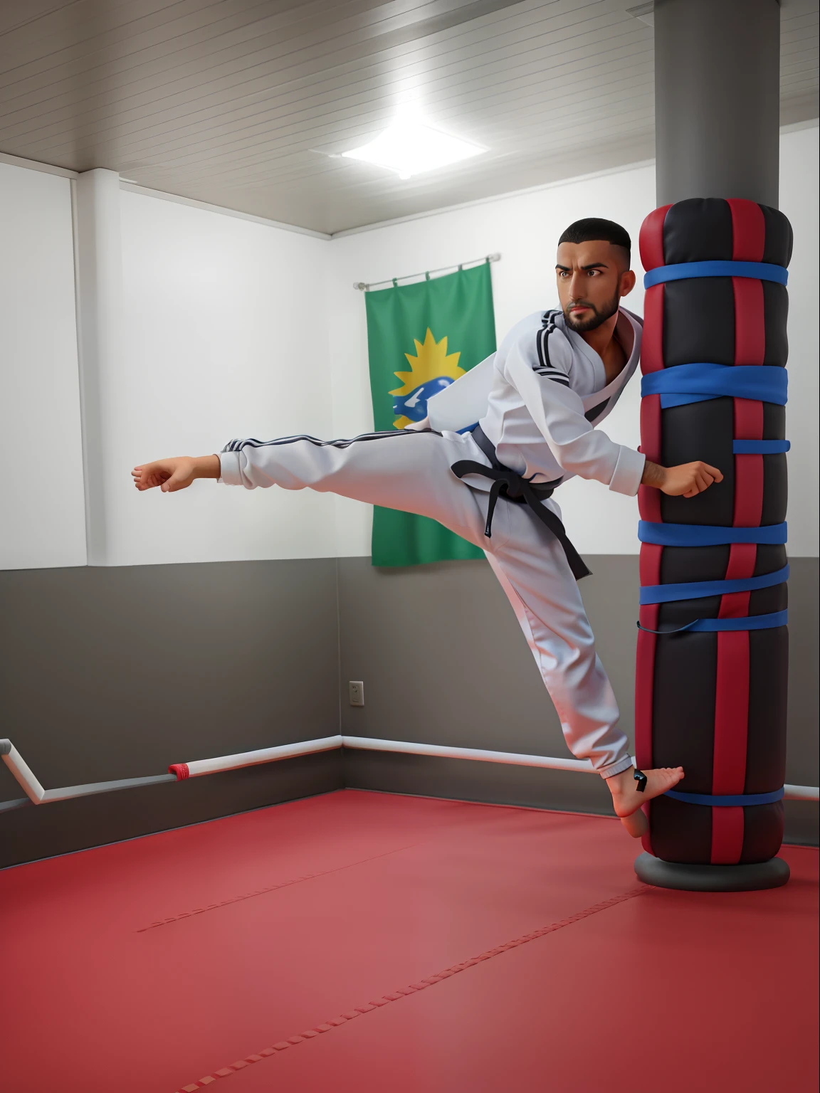 There is a man standing com barba in a Taekwondo pose with a black belt, vestindo um gi branco, postura poderosa, posando pronto para uma luta, intimidating stance, Estilo Mohamed Chahin, em uma postura de luta, Mohamed Chahin, postura de luta, man standing in defensive pose, imagem de corpo inteiro, Pose frontal, em pose de luta, inspirado em Volkan Baga