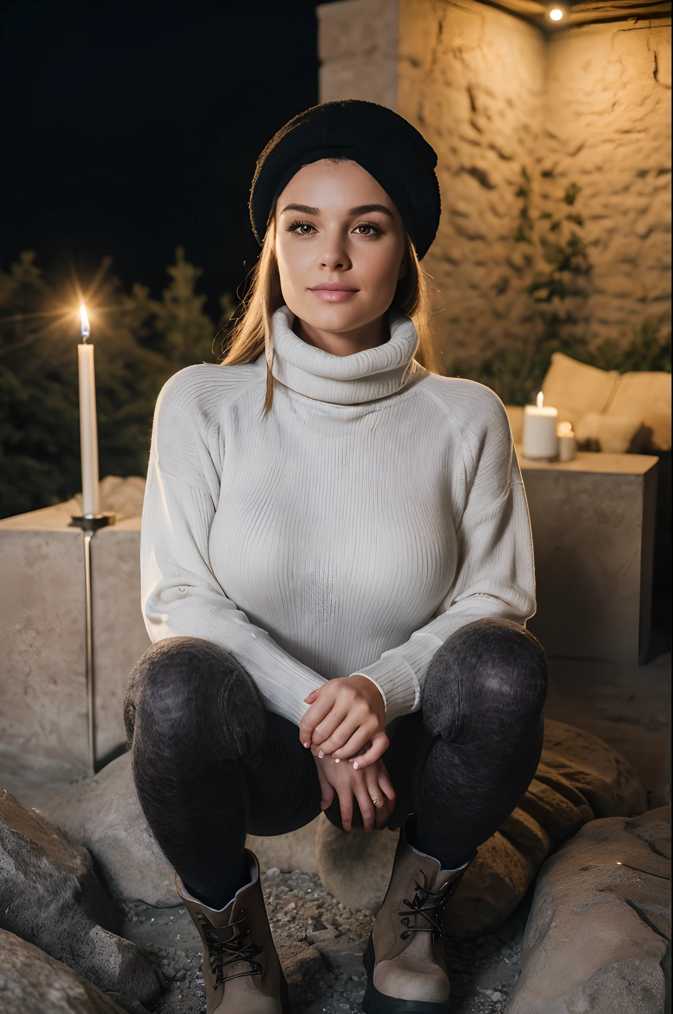 (((night time scene))), (((outside))), (((light by a candle))), (((the candle is out ouf frame))), 1 gorgeous woman, 23 ans, quietly sitting on the ground, subtle smile, flirts with the camera, shes a model, sexy pose, (European girl:1.2), (random hair:1.3), (Realistic hair:1.2), (realistic eyes:1.2), (Beauty face:1.3), SFW, (((grey bonnet on head))), (((large wool turtleneck loose white pullover))),(((black wool leggings))),(((heavy hiking boots))), perfect body, perfect hands, perfect breast, Kodak gold 200, Playboy magazine style, medium shot, Best quality, ultra highres, (photoreallistic:1.4), 8k,
