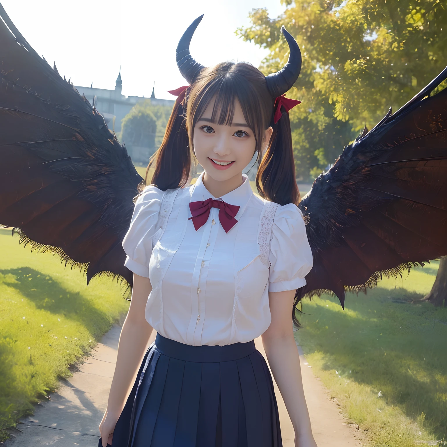 (((masutepiece、top-quality)))((1 schoolgirl、White short-sleeved shirt、Red ribbon on chest、Navy skirt、high-school uniform))、((Huge and intricate demon wings,Wings with a very elaborate texture,Wings with a very complex texture,Creature wings with a very realistic texture,Wings with the most exquisite texture、Perfectly reproduces the texture of creepy feathers、Very flaky and detailed wing texture、Wings of a terrifying monster,Terrible and ugly wings、The most terrifying wings、Wings with unimaginably complex textures、The most terrifying and creepy wings、Huge, Lumpy devil's horns、Corners of the most complex textures、Photorealistic Devil's Wings、Photorealistic Devil's Horns、The most terrifying devil's wings、Unimaginably terrifying wings、Big Devil's Horn,Realistic and big horns,Very complex and terrifying demon horns、Creepy horns,Horn with a very elaborate texture、Terrible and ugly horns、((The background is the route to school、Walking along the school route surrounded by nature、Walking on the way to school))、8K,An ultra-high picture quality,The most beautiful idol faces,Mature Face、The biggest smile staring at the camera、美丽的面容、Beautiful teeth、natural make up、Natural bright lighting、Twin-tailed、Loose wavy twin tail super detail wings、spectacular movie lighting、A slender、Emphasis on chest bulge、bulky, Complex wings