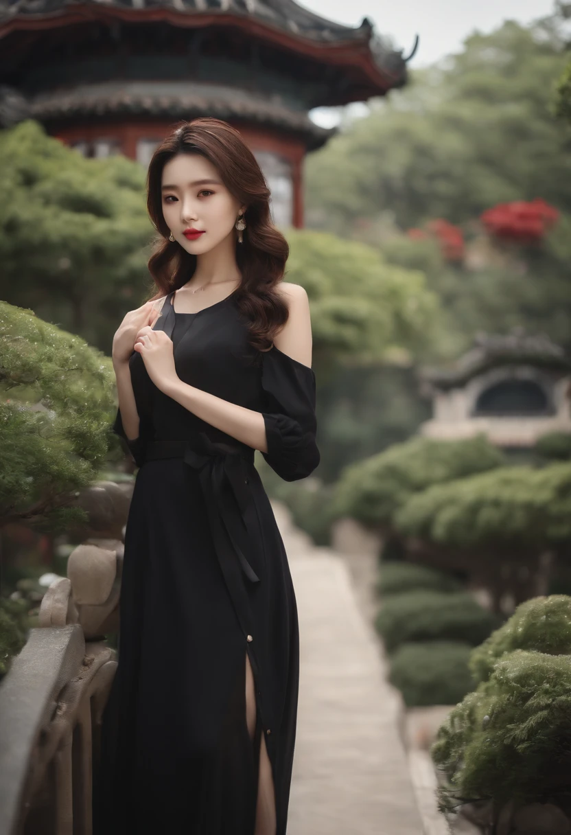 (The background is Humble Administrator's Garden:1.3)、((Realistic lighting、top-quality、8K、masterpiece:1.3))、focus:1.2、1girl in、Perfect figure:1.4、Slim abs:1.1、((dark brown hair))、(Casual clothing:1.4)、(outside of house:1.1)、The background is Humble Administrator's Garden、Super fine face、Narrow-eyed、二重まぶた、Casual clothing、skirt by the、Humble Administrator's Garden、Beautiful face like a model