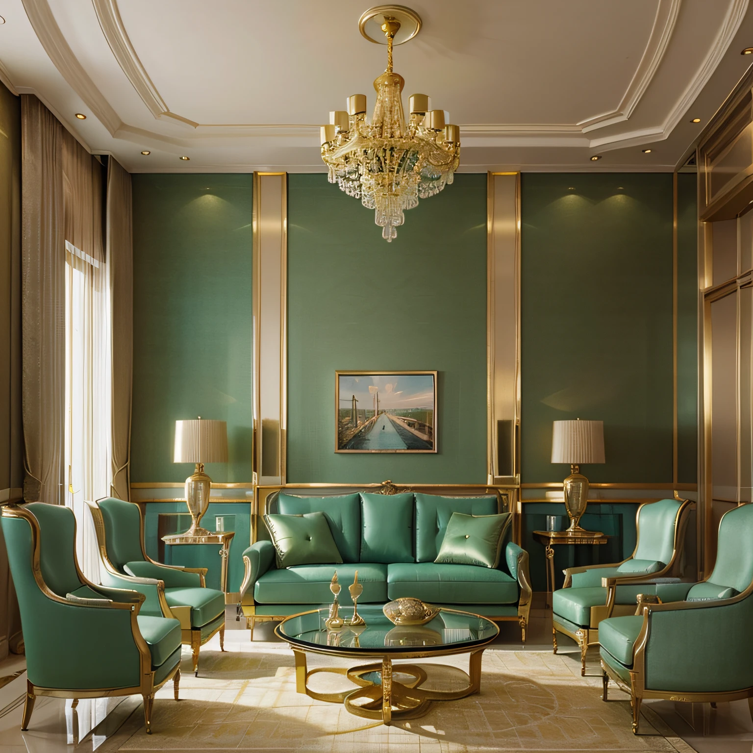 luxury futuristic style living room decorated in golden and Sea Green color, photorealistic, atmospheric,