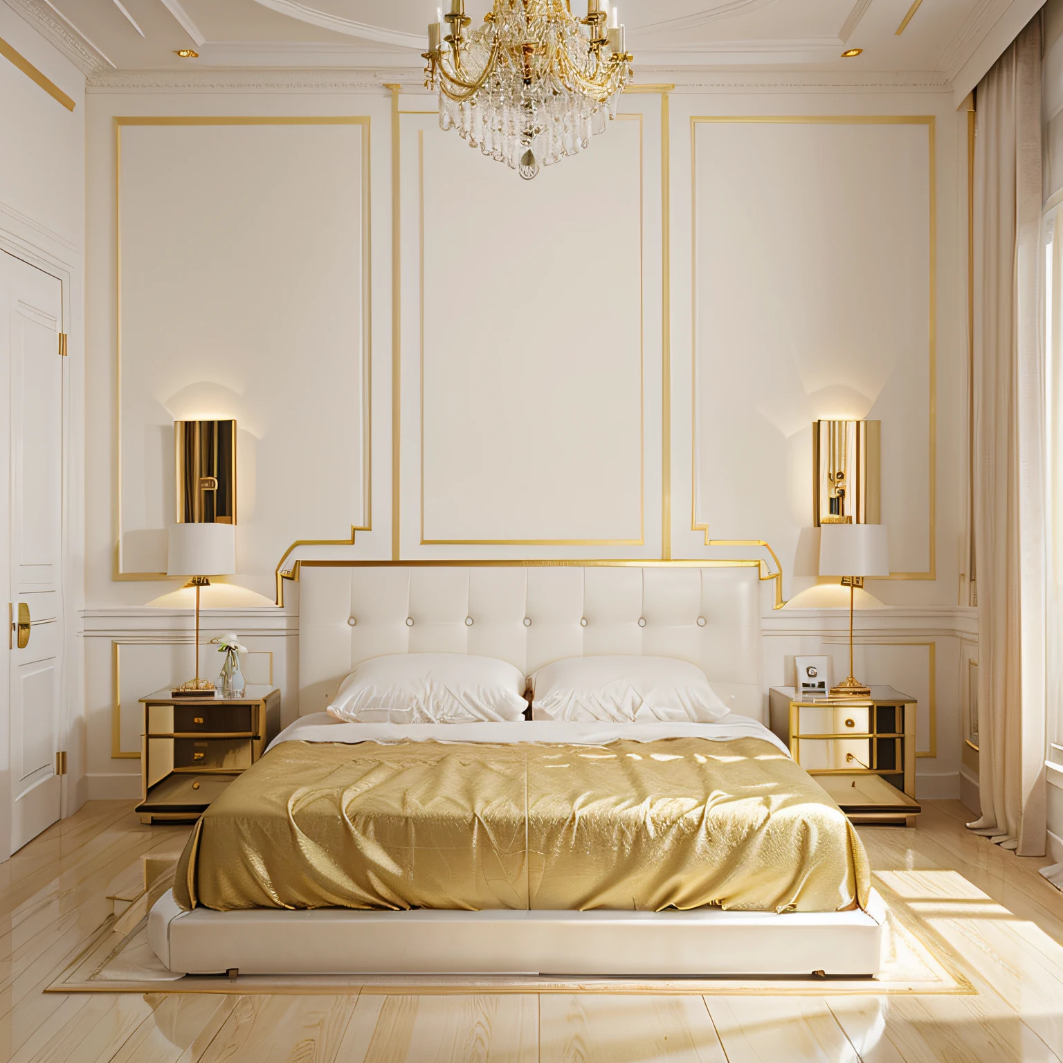 golden bedroom with white paneling walls. Neoclassical interior design of modern bedroom. photorealistic