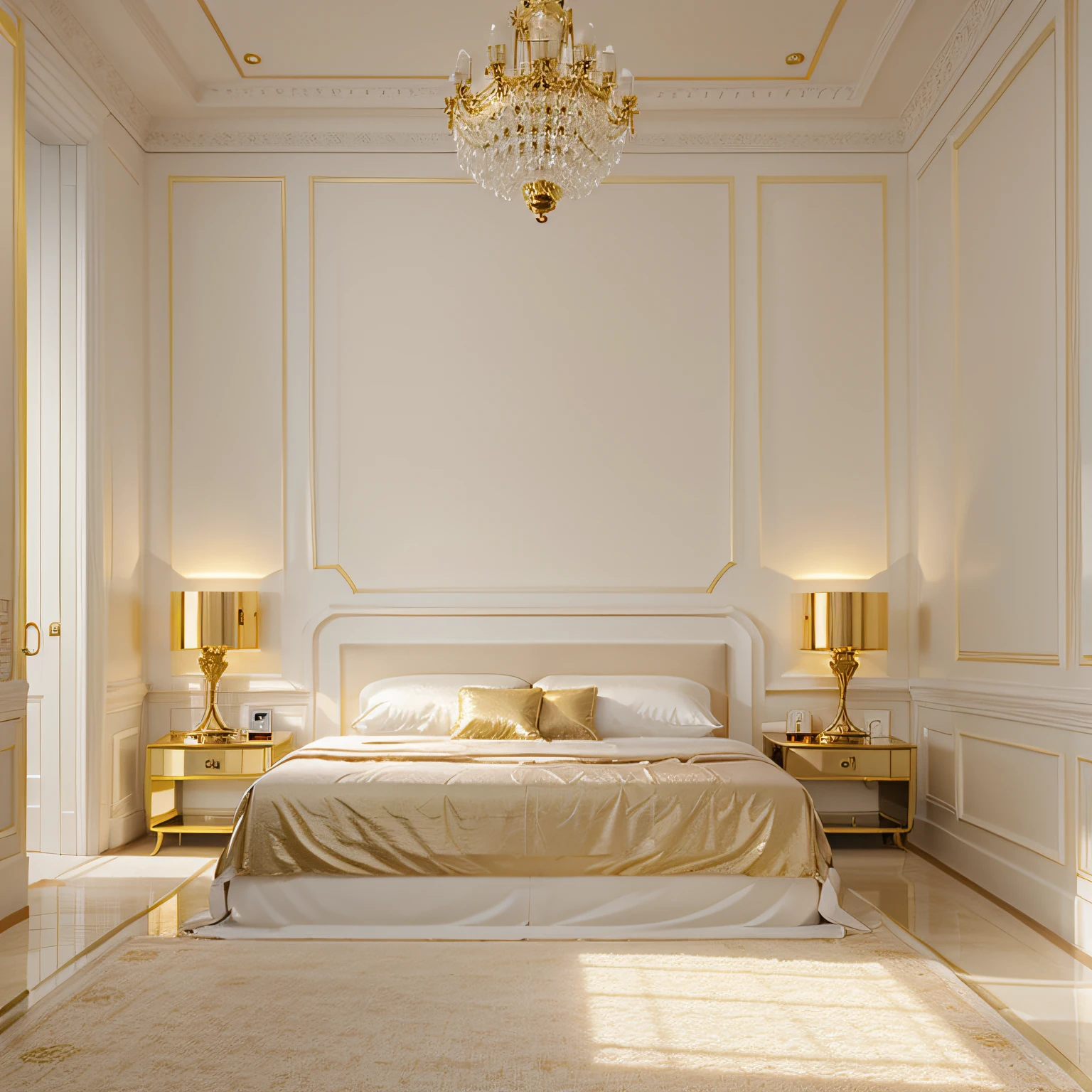 golden bedroom with white paneling walls. Neoclassical interior design of modern bedroom. photorealistic
