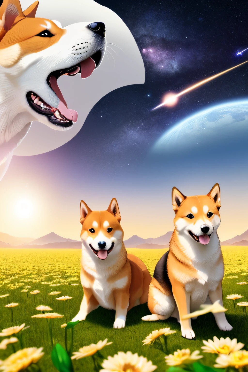 There are two dogs sitting in a flower garden with the sky in the background, doge, Doge shark, background is heavenly, corgis in no man's sky, inspired by Shiba Kōkan, Shiba Inu, background artwork, Finny in Grunge Rock Alien Sky, shiba inu dog, Sninening Star, album art, stellar(best quality,4k,8k,highres,masterpiece:1.2),ultra-detailed,(realistic,photorealistic,photo-realistic:1.37),shiba inu close-up,detailed eyes and face,multiple shiba inus,dogs enjoying,coin and banknotes raining from the sky,cosmic background,galaxy,psychedelic,dog-friendly flower field