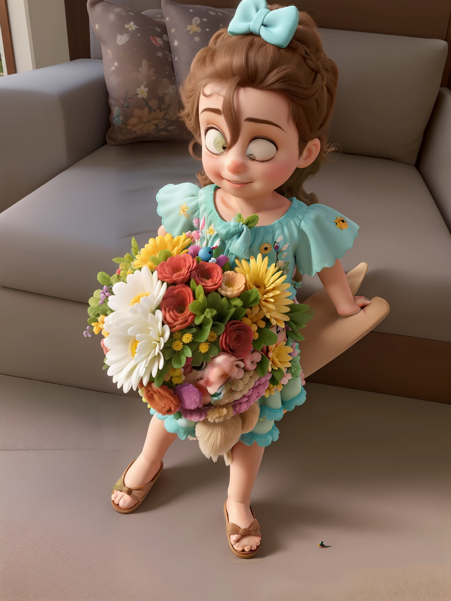 Obra-prima, de melhor qualidade, a child of one year and 5 months, cabelos loiros, cabelo louros, Bow in the hair, buque de flores, Walking in the park, findo gramado, londo doa de sol, Birds flying in the sky, slipper on the foot, aqua green clothing