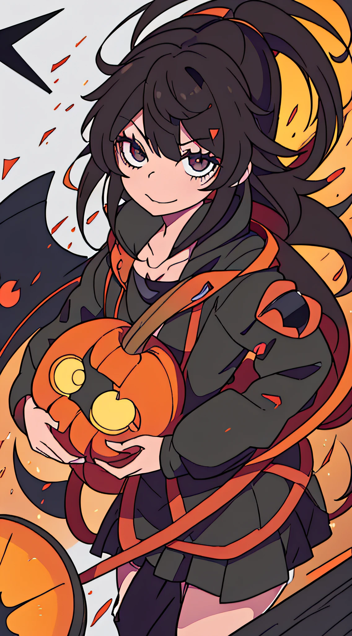 Tanya, anime girl with black hair, in witch hat holding a pumpkin, Akane Owari Danganronpa, mechanized witch girl, Rias Gremory, Kurisu Makise, Guilty Gear art style, demonic anime girl, anime witch flirting casting magic, girl witch, Miss Fortune, anime monster girl, cute cowboy witch, Matoi Ryuko, Abigail Larson