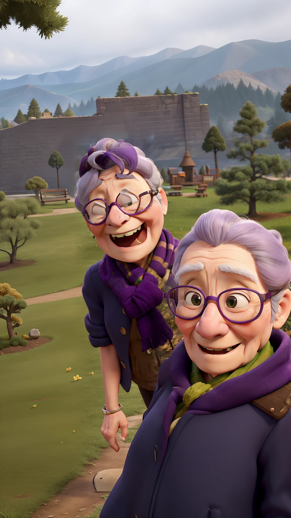 masterpiece, best quality, an old woman with glasses and a scarf on, wearing a purple coat and green scarf, standing at the park
