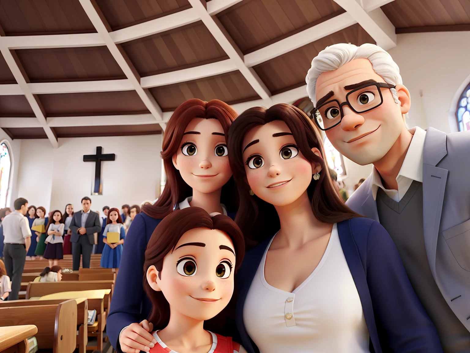 Create a picture of a family, o homem, de cabelos grisalhos, e a mulher do lado direito da foto e, do lado esquerdo, as duas filhas do casal. In the image, the family is inside a church.