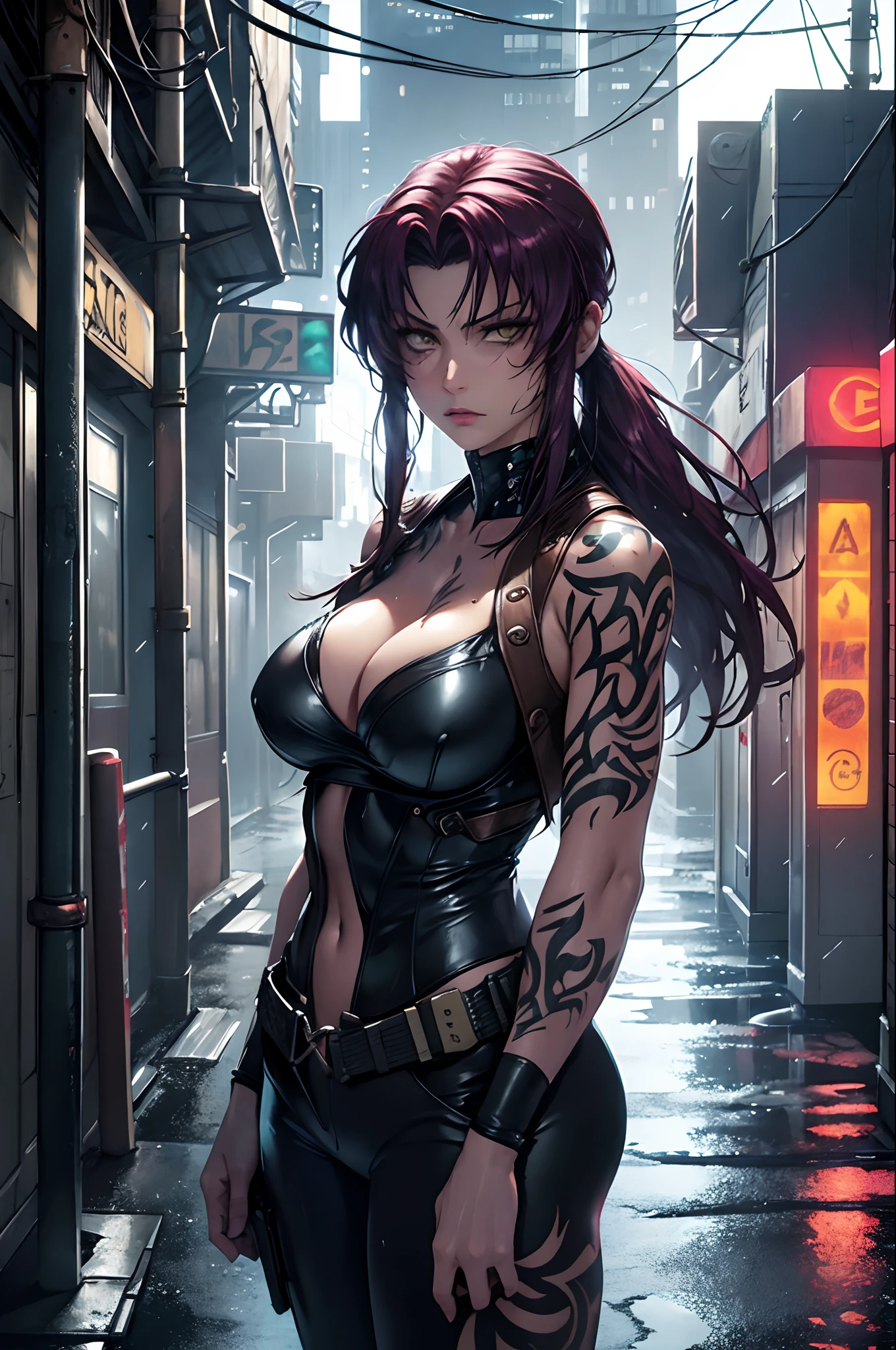 (high quality,realistic),(cyberpunk,sci-fi) ,beautiful girl, Revy from Black Lagoon anime, cleavage, fair skin, long hair, machine arms, holding a pistol (vivid colors,neon lights),(dystopian city,futuristic buildings), (technological devices,advanced technology),(smoke,steam),(dark alleyway,reflective puddles),(rainy night,heavy rainfall),(glowing tattoos, intricate patterns),(street art,murals),(metallic reflections,shimmering surfaces),(intense gaze,expressive eyes),(sharp focus,ultra-detailed), (gritty atmosphere,urban decay)