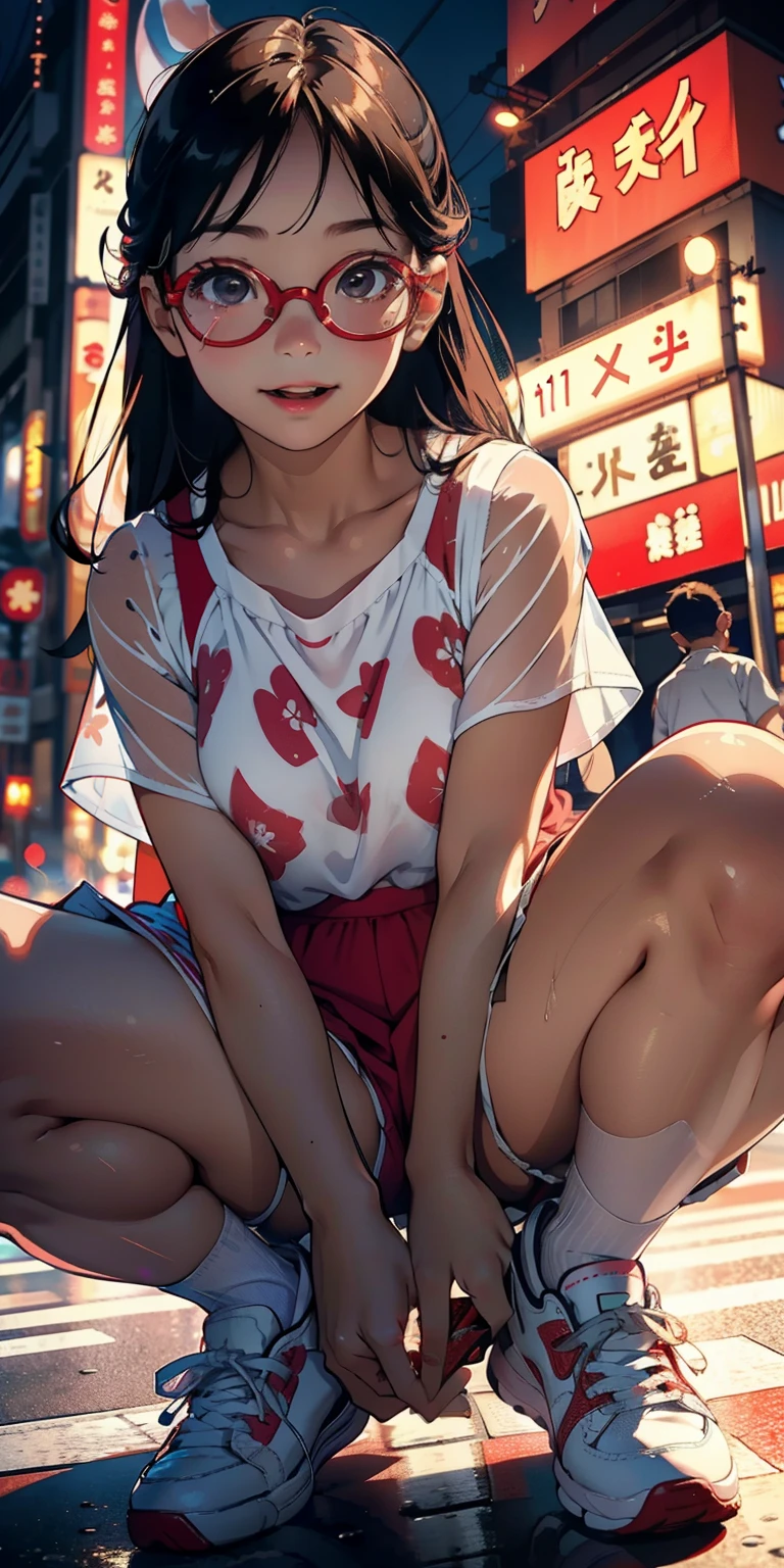 realisticlying、11 year old girl、Close-up shot from the ground wearing see-through white sneakers、Wear shorts with a red pattern that shows through your buttocks、Breasts enlarged、Versatile sexy poses、Wearing glasses、Face smile、Tokyo on Christmas Night、sexly