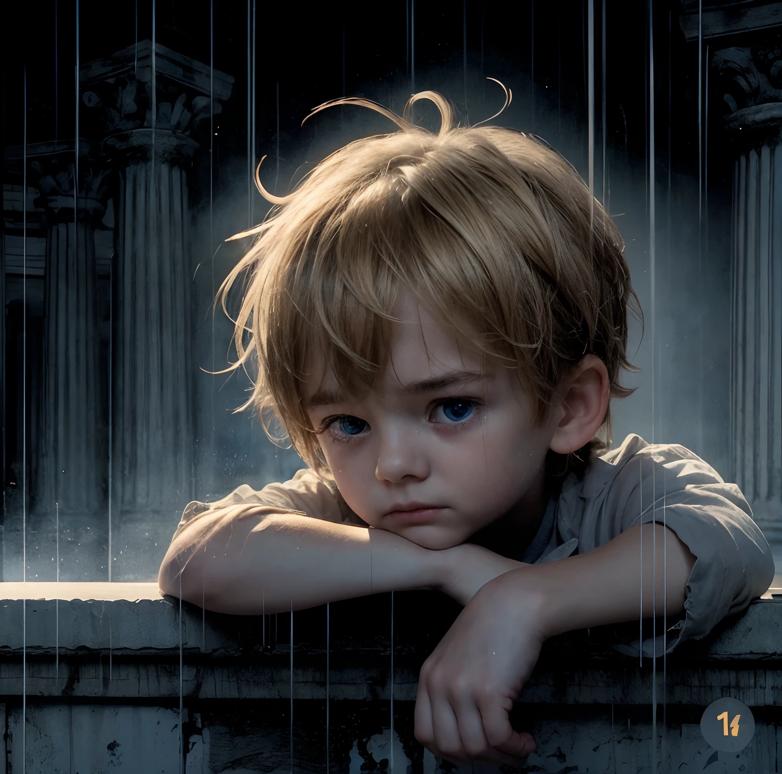 (masterpiece), (realistic) , close up portrait of a man, boy), abut , Swedish, (1boy), solo, sad, looking down, crying, pretty handsome boy (pretty big blue eyes)) (delicate face)), short blonde hair, messy hair, bangs, blue t-shirt, raining nigh, head resting on an arm, on a wall, greek columns background, night, cinematic lighting.