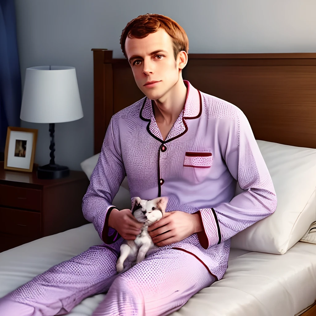 Photo réaliste d emanuel macron en pyjama et tenant un biberon.