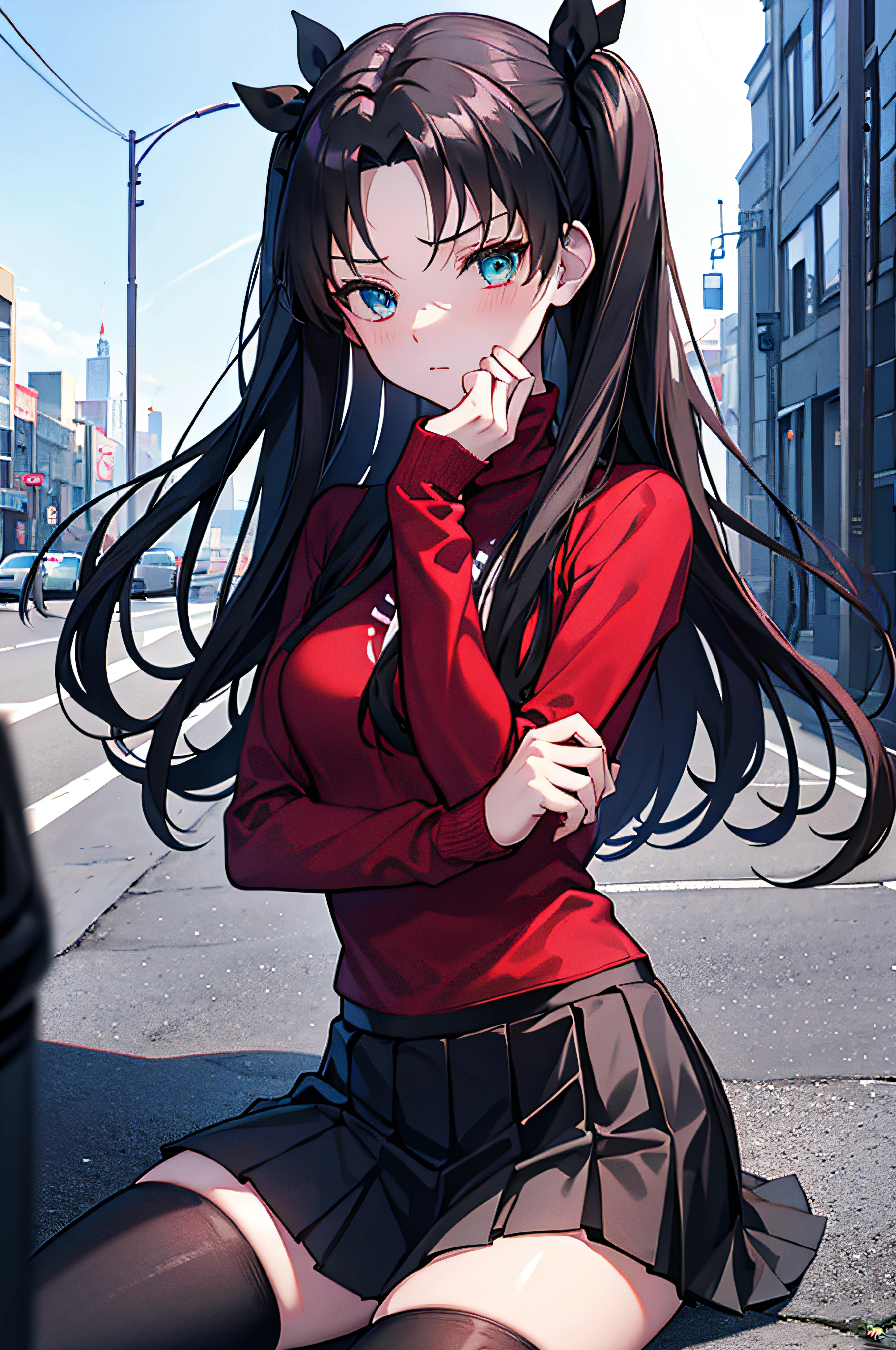 (masterpiece), best quality, expressive eyes, perfect face, 1girl, solo, rintohsaka, rin tohsaka, aqua eyes, black hair, hair ribbon, long hair, ribbon, sidelocks, two side up, black skirt, black thighhighs, long sleeves, miniskirt, pleated skirt, ((red sweater)), skirt, sweater, thighhighs, turtleneck, city background, sitting, character sheet, upper body, portrait, looking at viewer