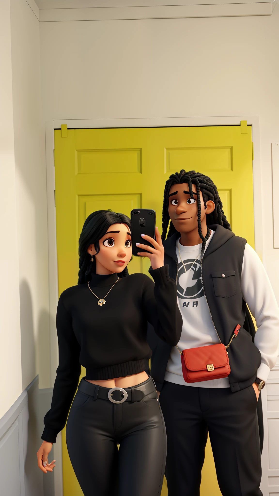 "A Pixar super-realista da Disney, um lindo casal europeu-americano apaixonado. The black-haired woman has a gorgeous body and is wearing all-black clothes, she's holding an iPhone 15 Pro Max, And the handsome man with the pink lips has long black dreas that on the doors of the dreads he painted blond color."