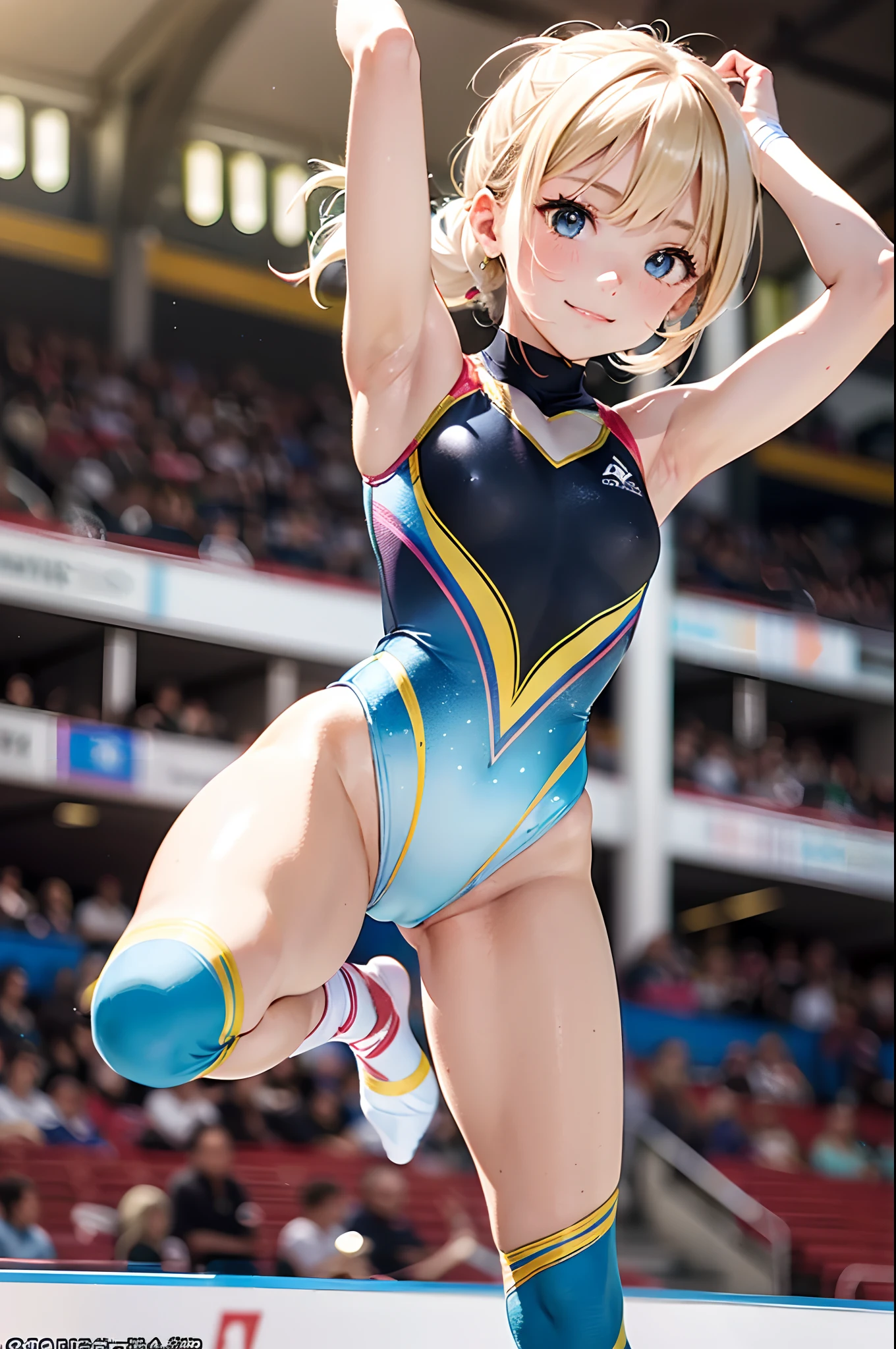 (Official art、Best Quality、Unity 8k Wallpapers、32K、​masterpiece、ultra-detailliert、超A high resolution、realisitic、Photorealsitic:1.2)、(Cinematic lighting:1.2)、(Full body)、Realistic pupils、Sharp pupils、gymnast、foco nítido、Wearing a brightly colored leotard、highleg leotard、Embarrassed look、A slight smil、Gymnastics competition venue、There were a lot of people in the audience、It has an enthusiastic audience、(During gymnastics competitions)、platinum-blonde-hair、sky-blue eyes、thighs thighs thighs thighs、poneyTail