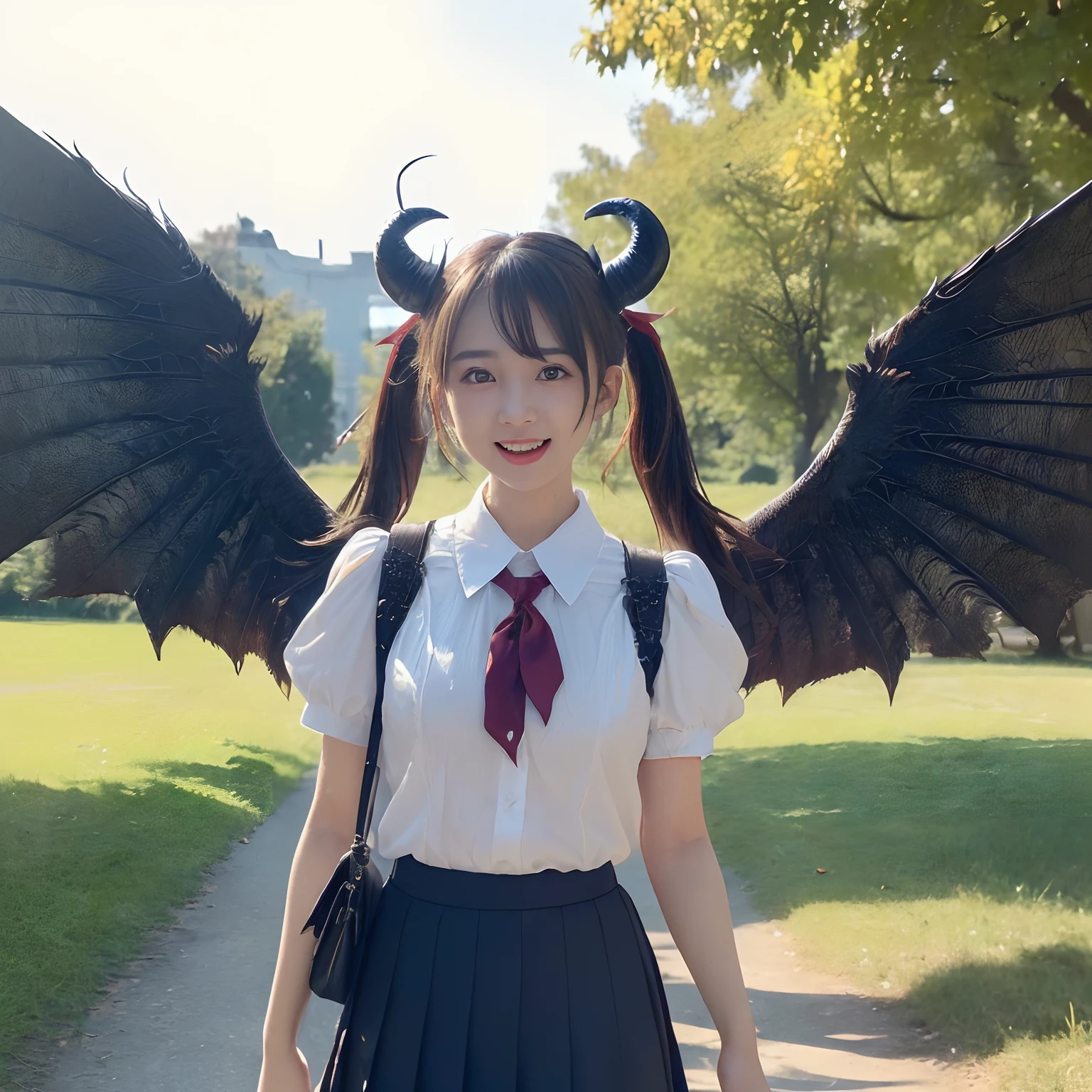 (((masutepiece、top-quality)))((1 schoolgirl、White short-sleeved shirt、Red ribbon on chest、Navy skirt、high-school uniform))、((Huge and intricate demon wings,Wings with a very elaborate texture,Wings with a very complex texture,Creature wings with a very realistic texture,Wings with the most exquisite texture、Perfectly reproduces the texture of creepy feathers、Very flaky and detailed wing texture、Wings of a terrifying monster,Terrible and ugly wings、The most terrifying wings、Wings with unimaginably complex textures、The most terrifying and creepy wings、Huge, Lumpy devil's horns、Corners of the most complex textures、Photorealistic Devil's Wings、Photorealistic Devil's Horns、The most terrifying devil's wings、Unimaginably terrifying wings、Big Devil's Horn,Realistic and big horns,Very complex and terrifying demon horns、Creepy horns,Horn with a very elaborate texture、Terrible and ugly horns、((The background is the route to school、Walking along the school route surrounded by nature、Walking on the way to school))、8K,An ultra-high picture quality,The most beautiful idol faces,Mature Face、The biggest smile staring at the camera、美丽的面容、Beautiful teeth、natural make up、Natural bright lighting、Twin-tailed、Super detail wings with loosely wavy twin tails、spectacular movie lighting、A slender、Emphasis on chest bulge、bulky, Complex wings