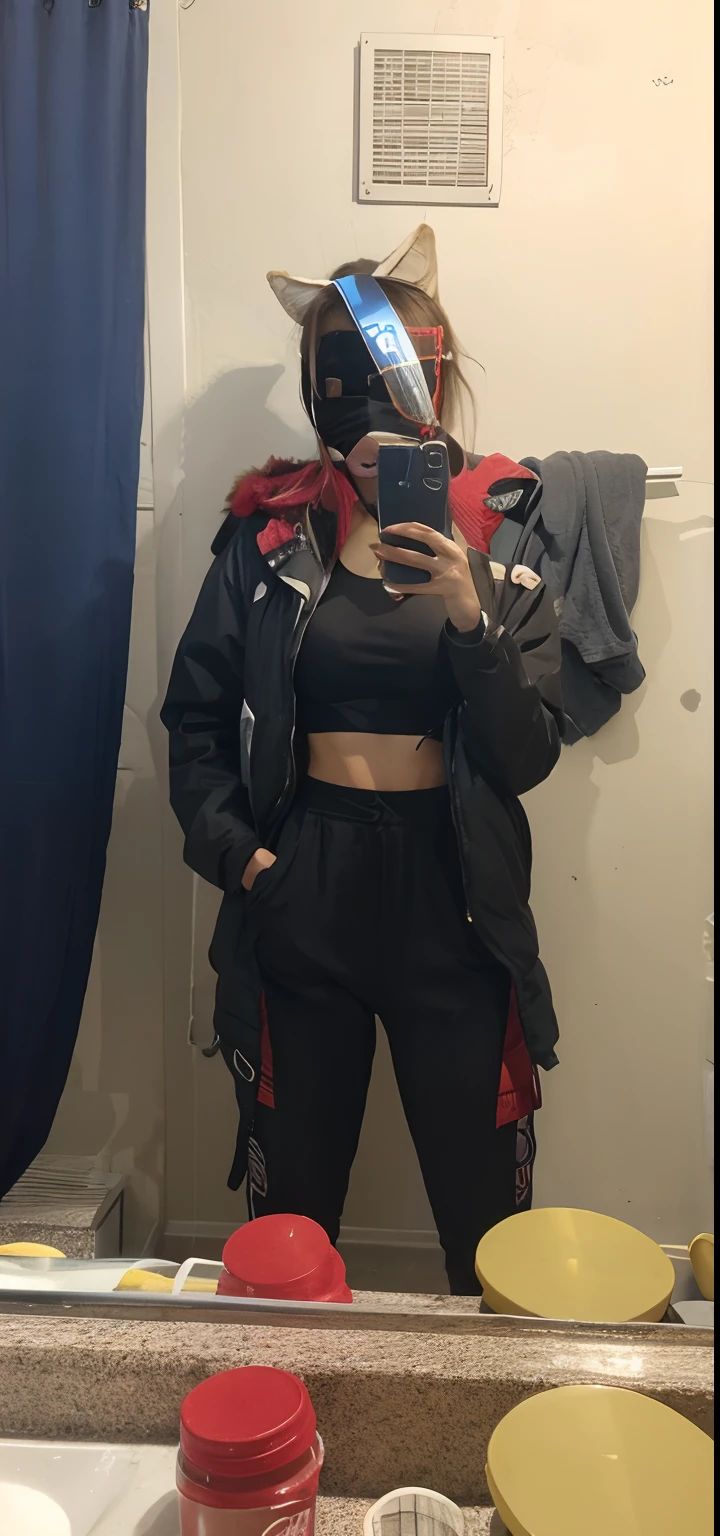 Slim girl taking a selfie with a cool mask