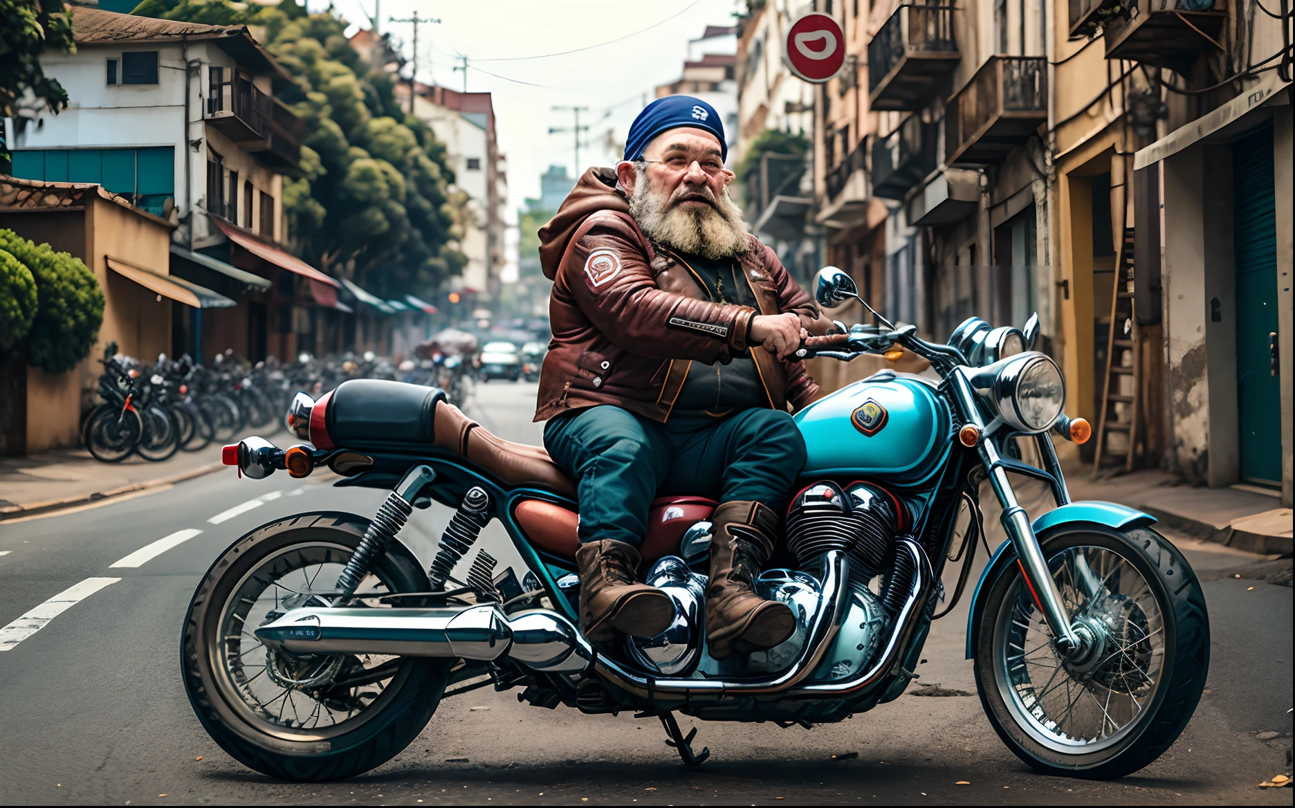 1Dwarf, motoqueiro, sozinho, estrema mente detalhado, corpo inteiro, jaqueta Prata, motocicleta chopper, rosto estrema mente detalhado,